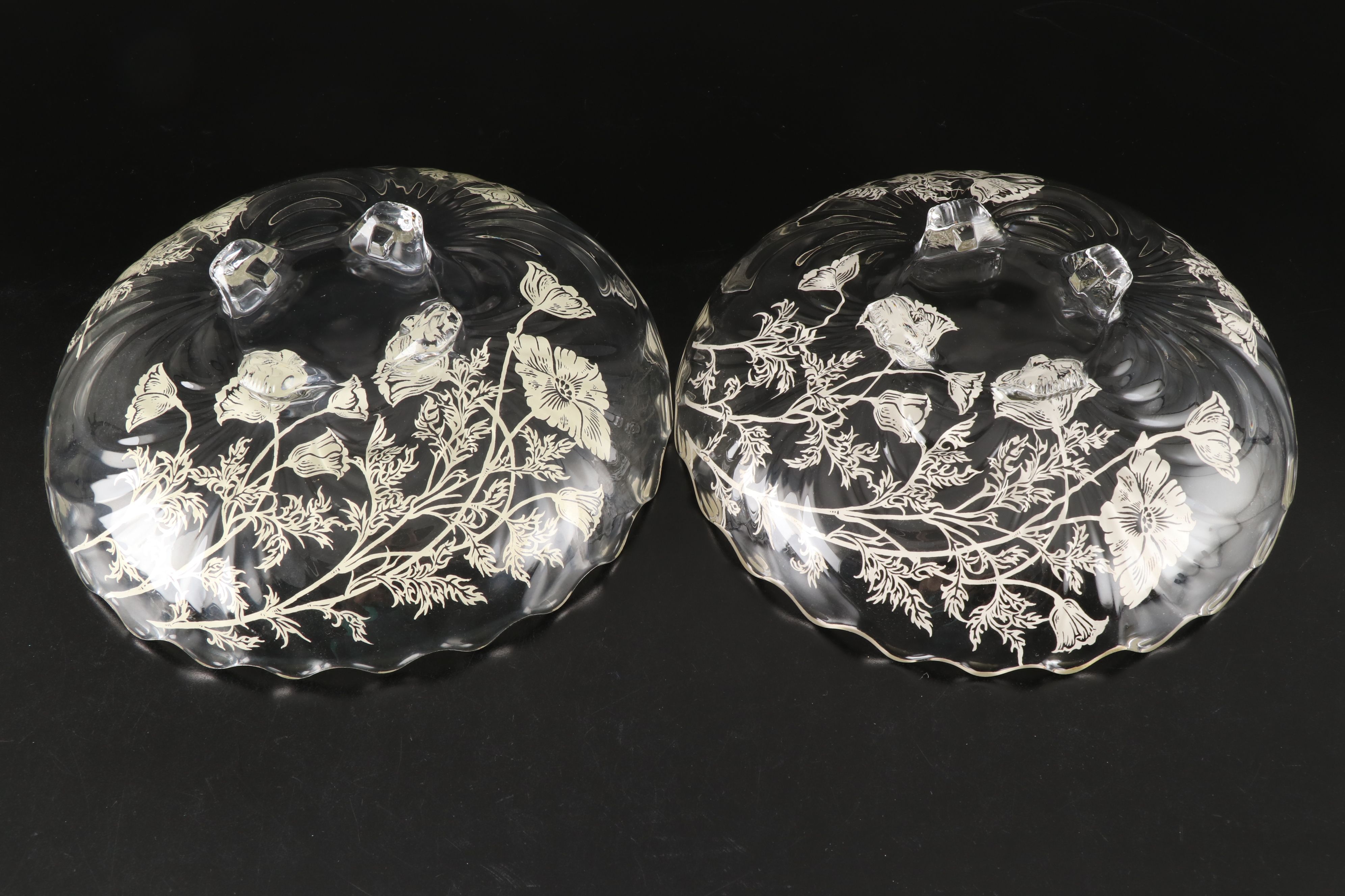 Floral Silver Overlay Glass Serveware, Mid-20th Century