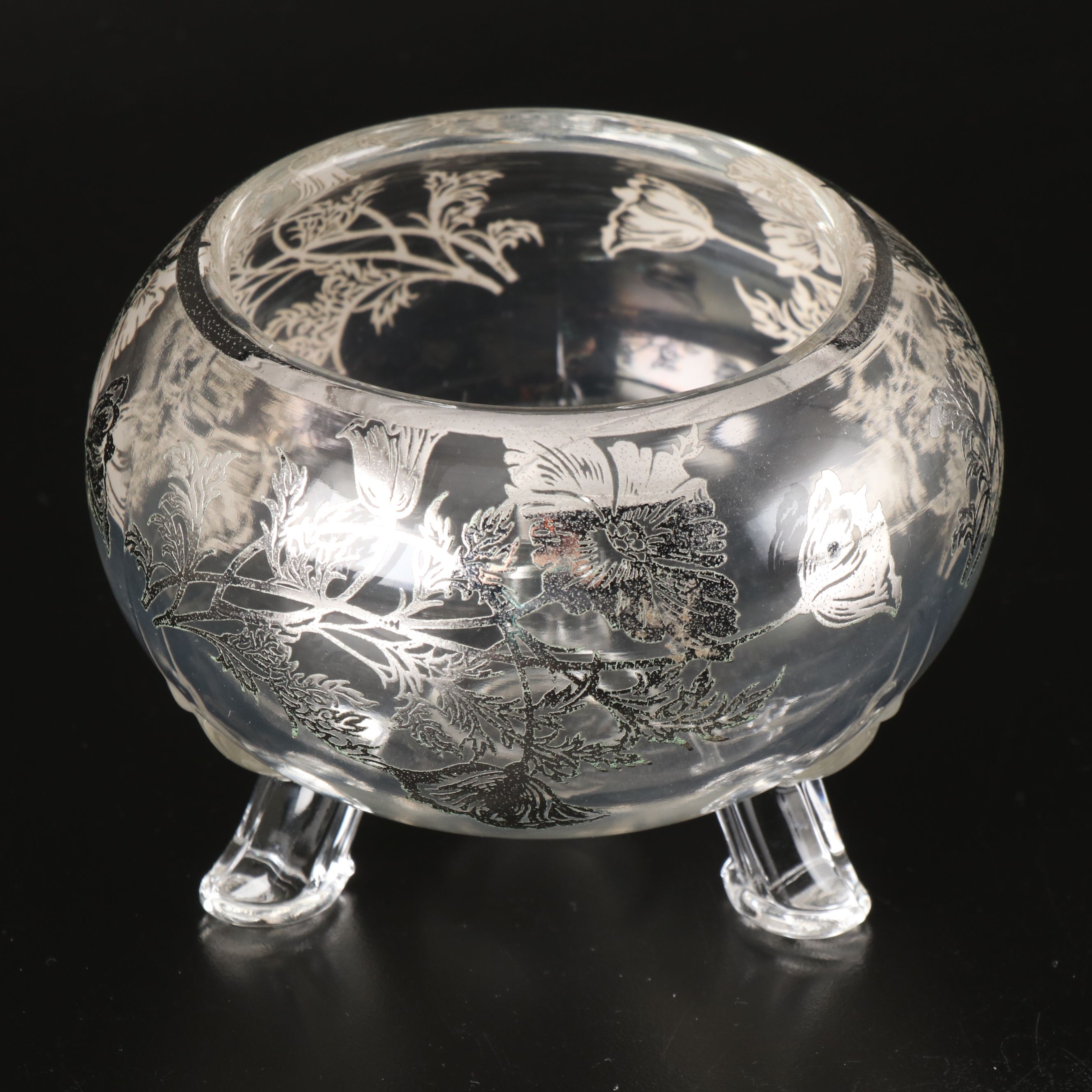 Floral Silver Overlay Glass Serveware, Mid-20th Century