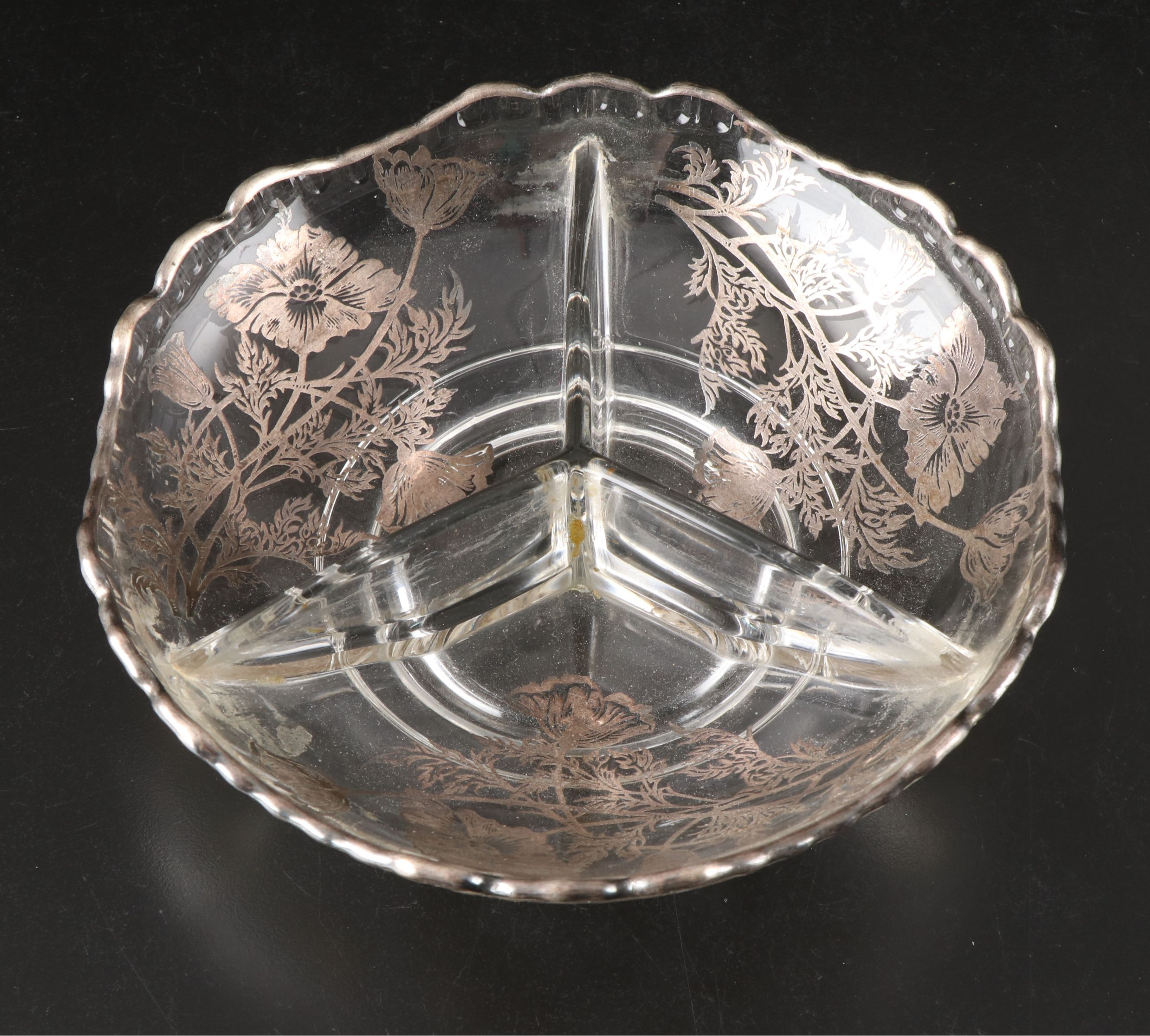 Floral Silver Overlay Glass Serveware, Mid-20th Century