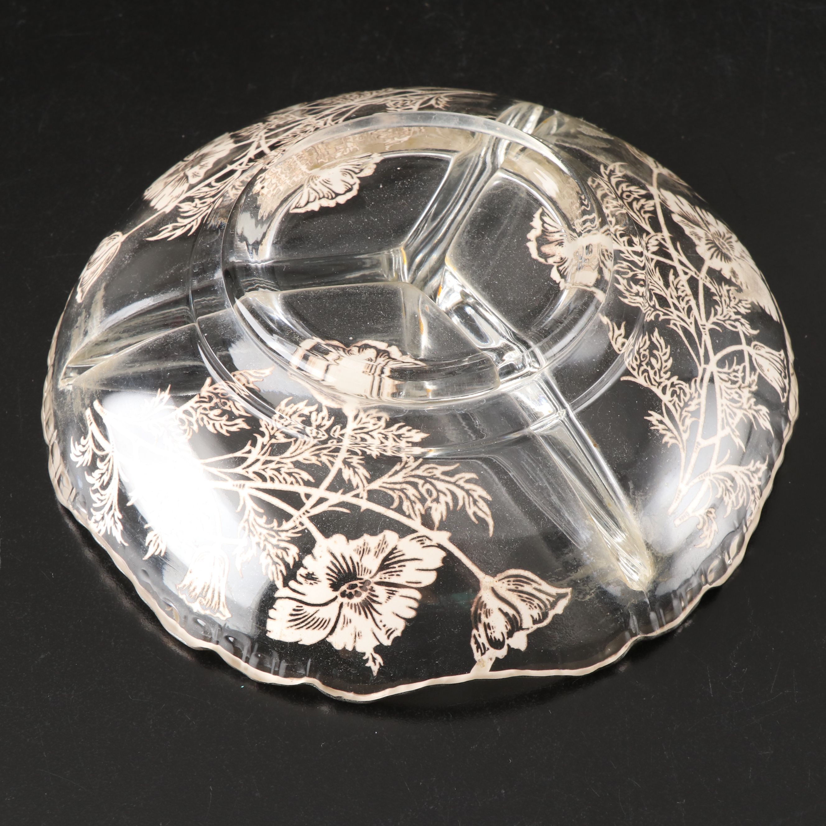 Floral Silver Overlay Glass Serveware, Mid-20th Century