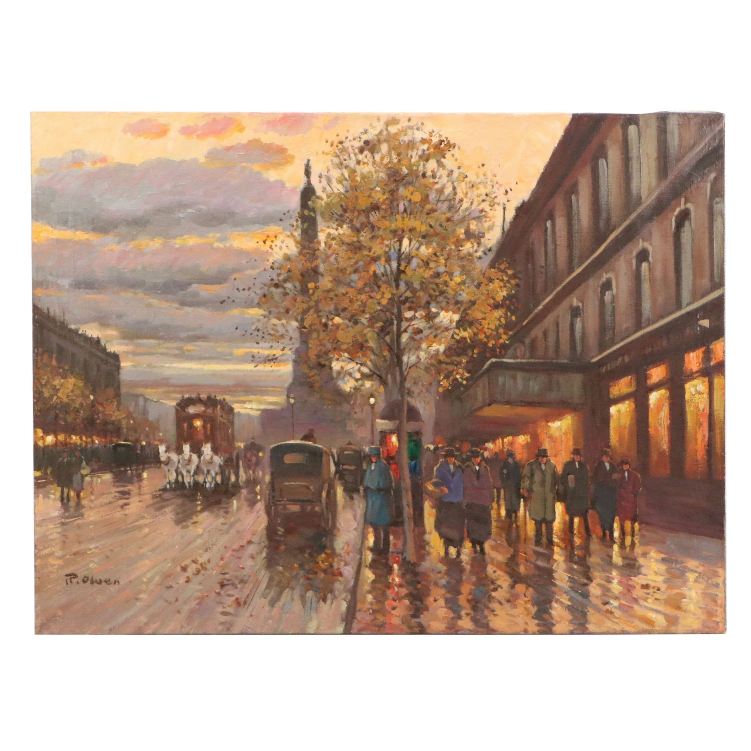 R. Owen Parisian City Scene Oil Painting, Late 20th Century