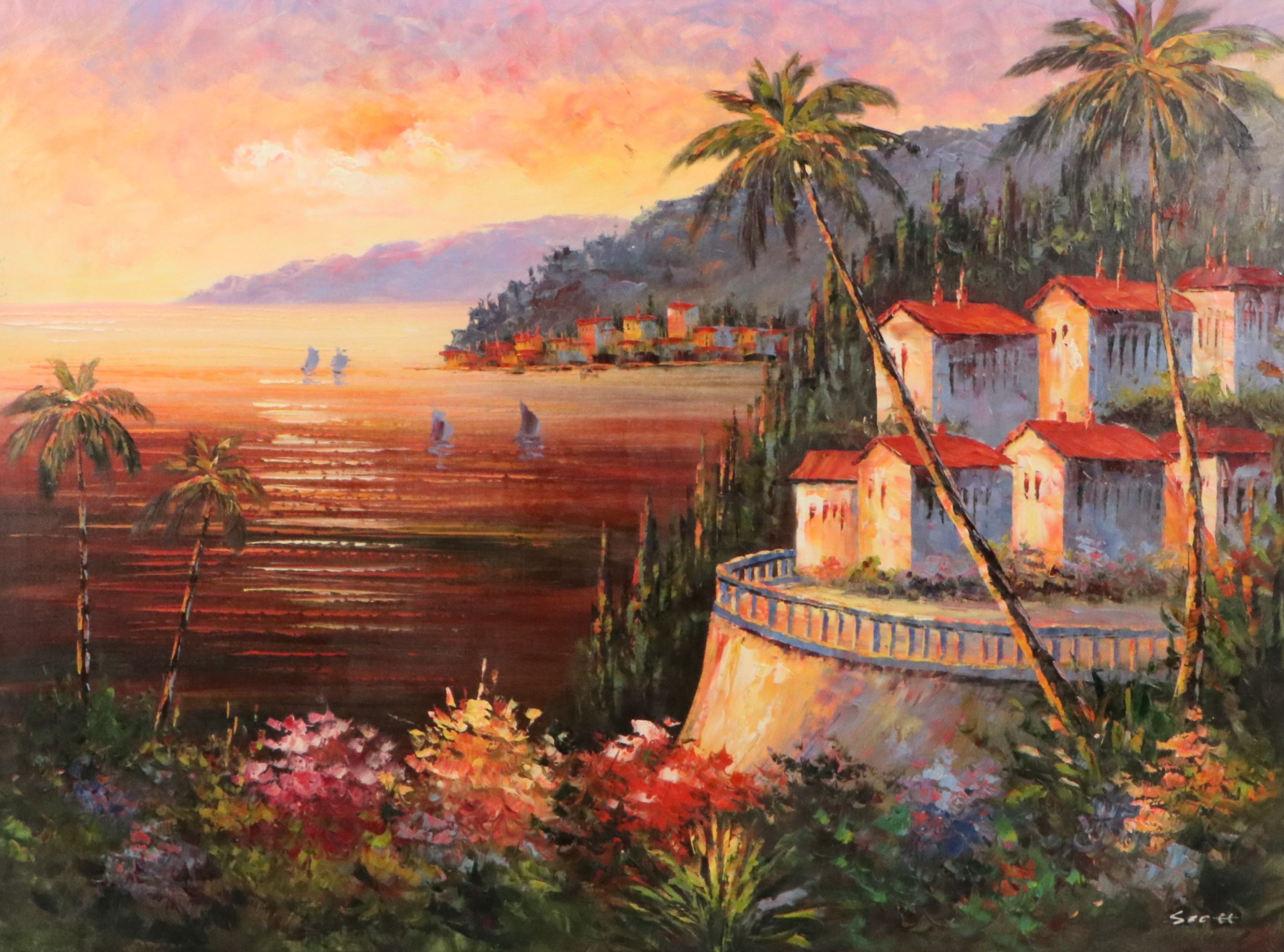 Oil Painting of Mediterranean Coastal Sunset, 21st Century