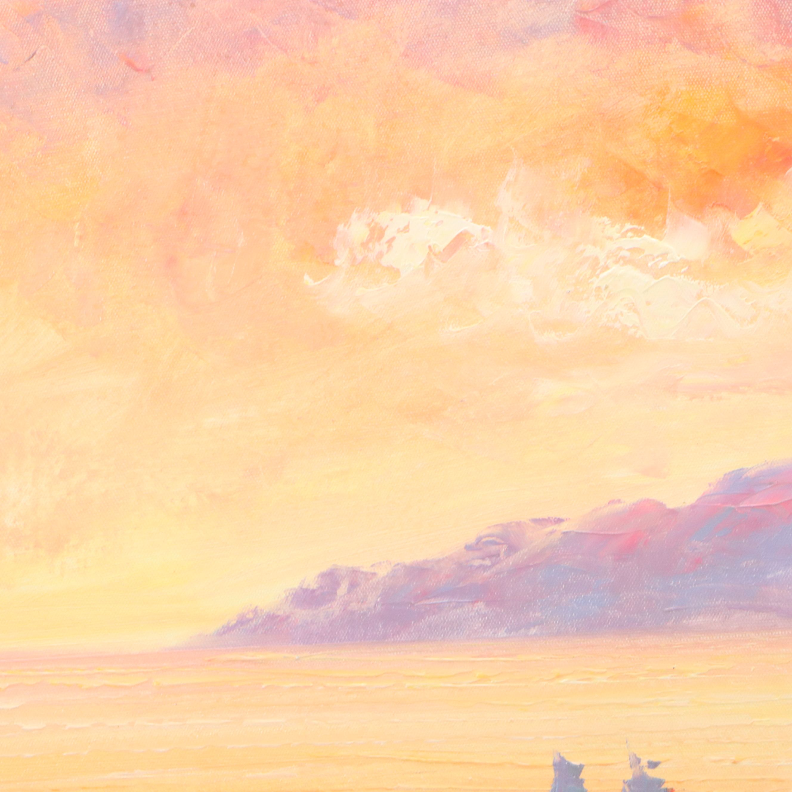 Oil Painting of Mediterranean Coastal Sunset, 21st Century