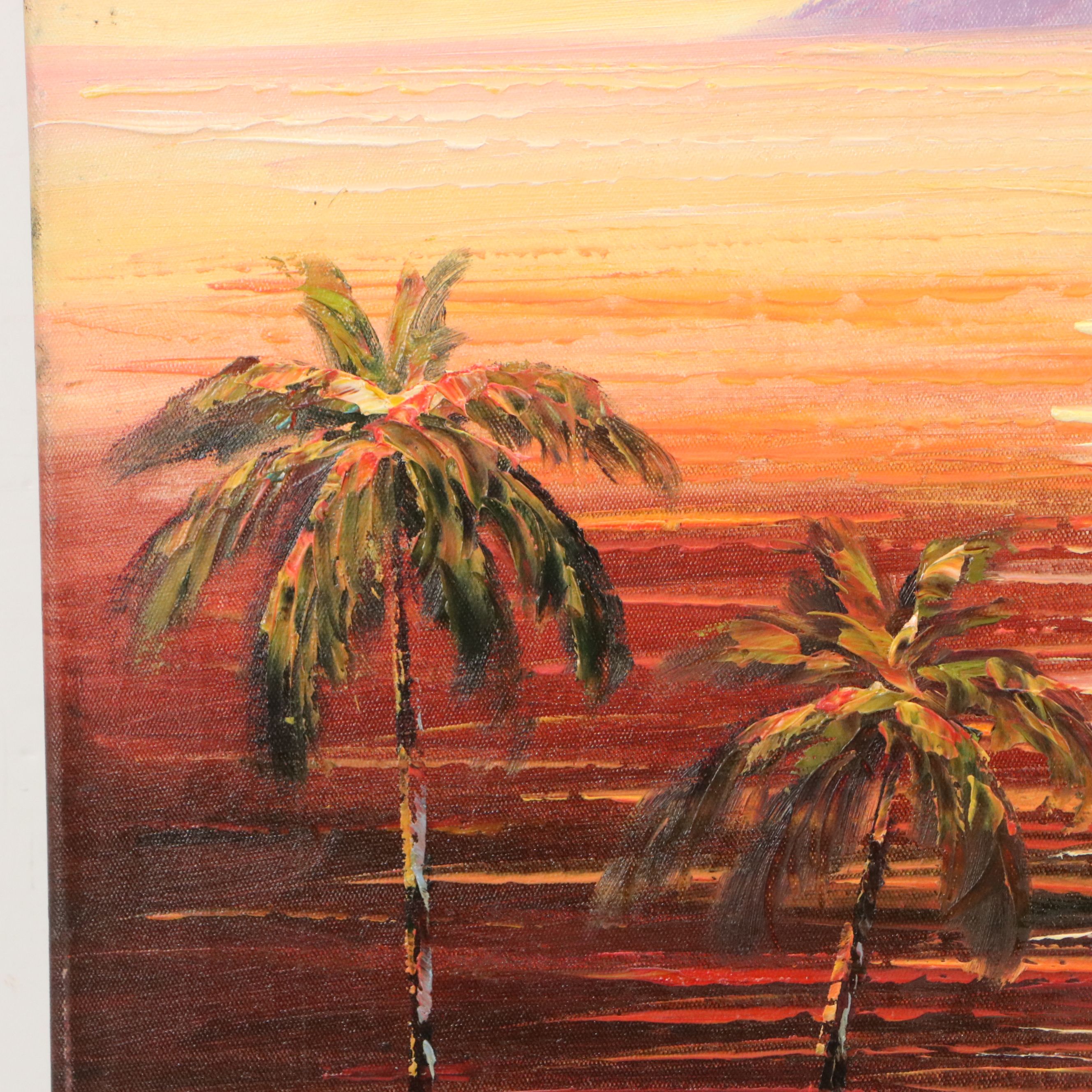 Oil Painting of Mediterranean Coastal Sunset, 21st Century