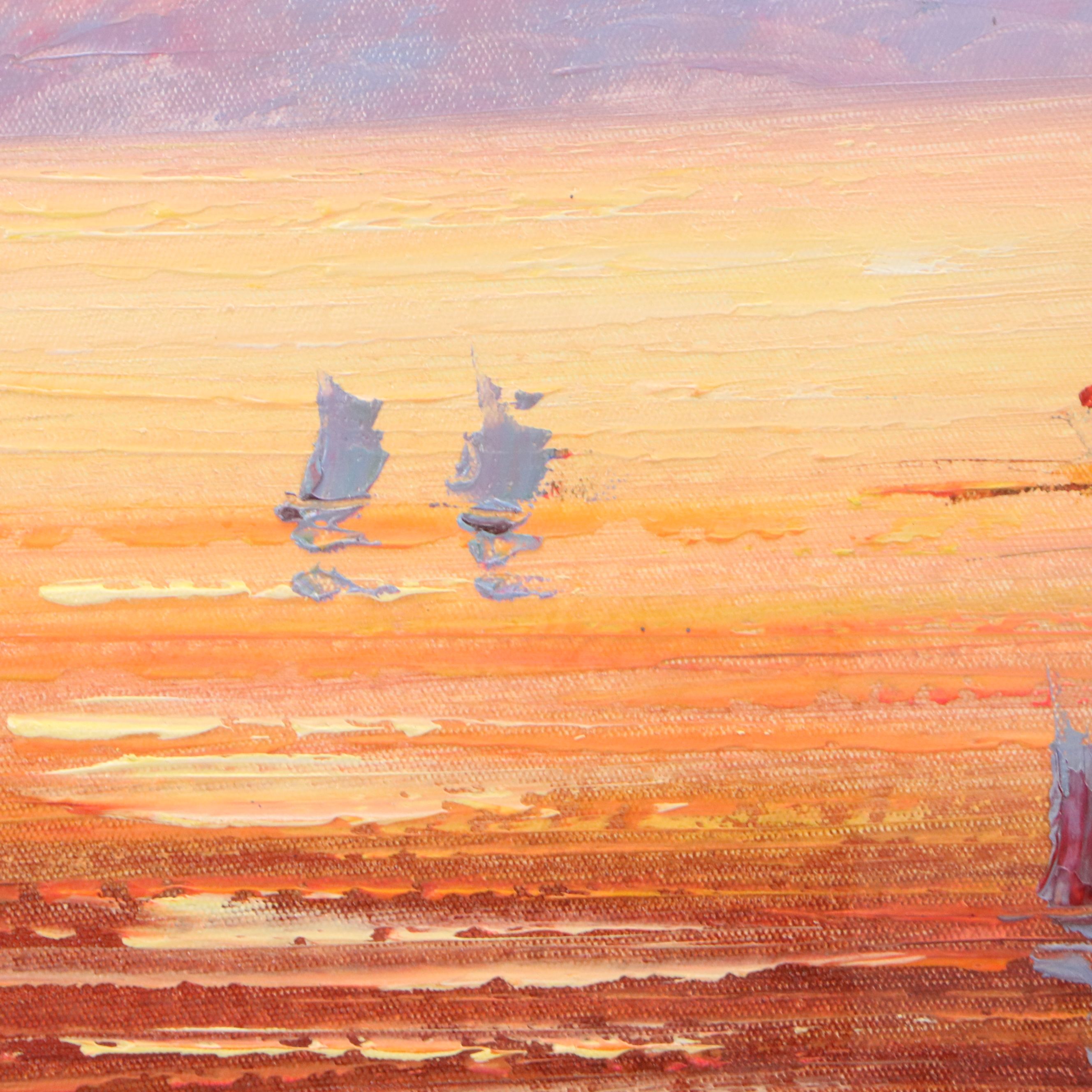 Oil Painting of Mediterranean Coastal Sunset, 21st Century