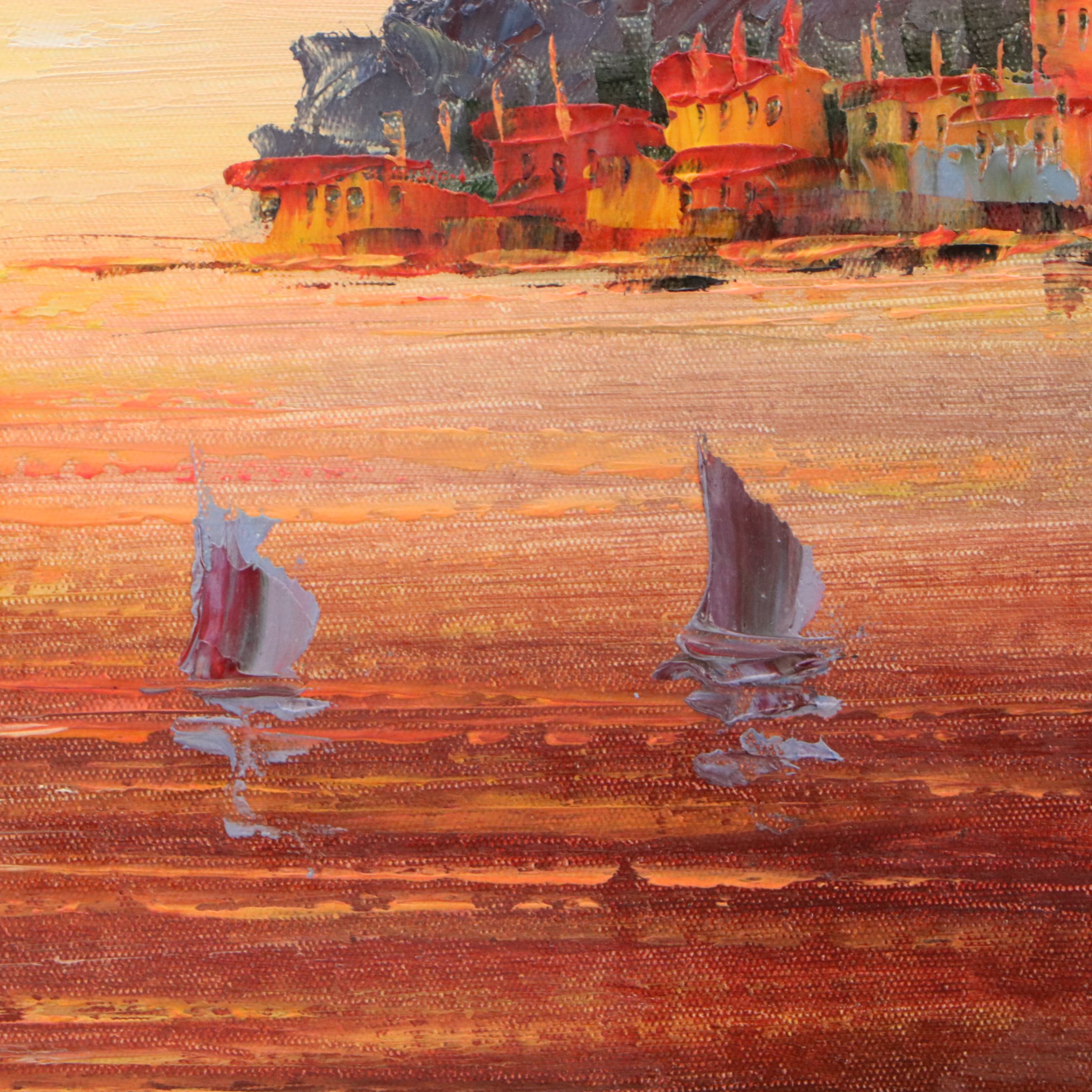 Oil Painting of Mediterranean Coastal Sunset, 21st Century