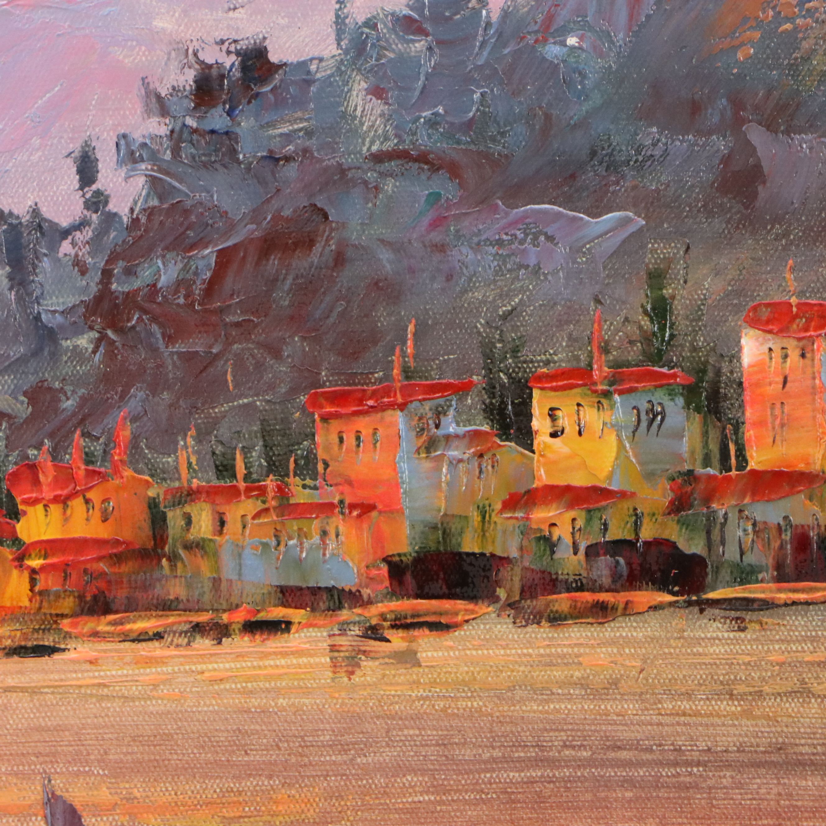 Oil Painting of Mediterranean Coastal Sunset, 21st Century