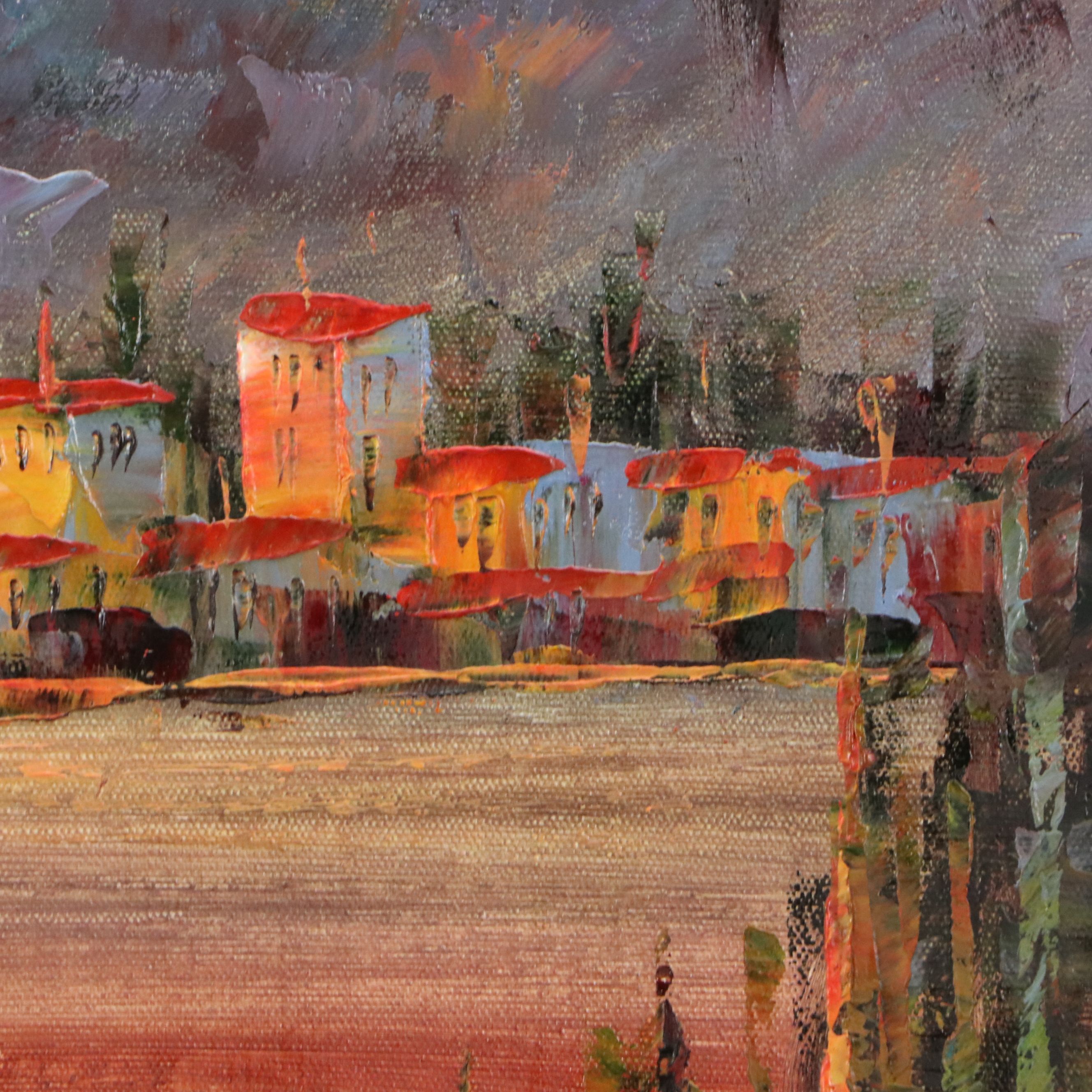 Oil Painting of Mediterranean Coastal Sunset, 21st Century