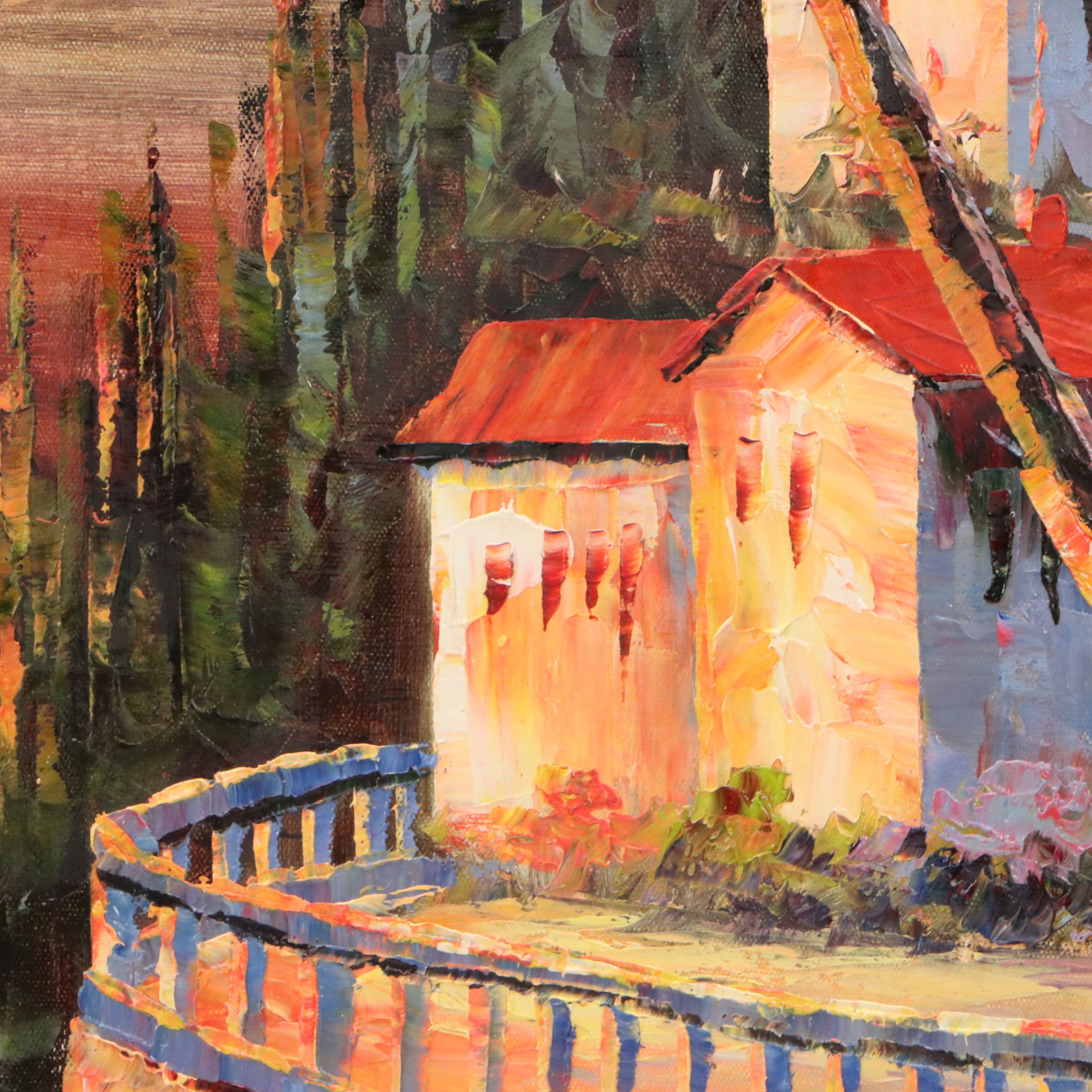 Oil Painting of Mediterranean Coastal Sunset, 21st Century