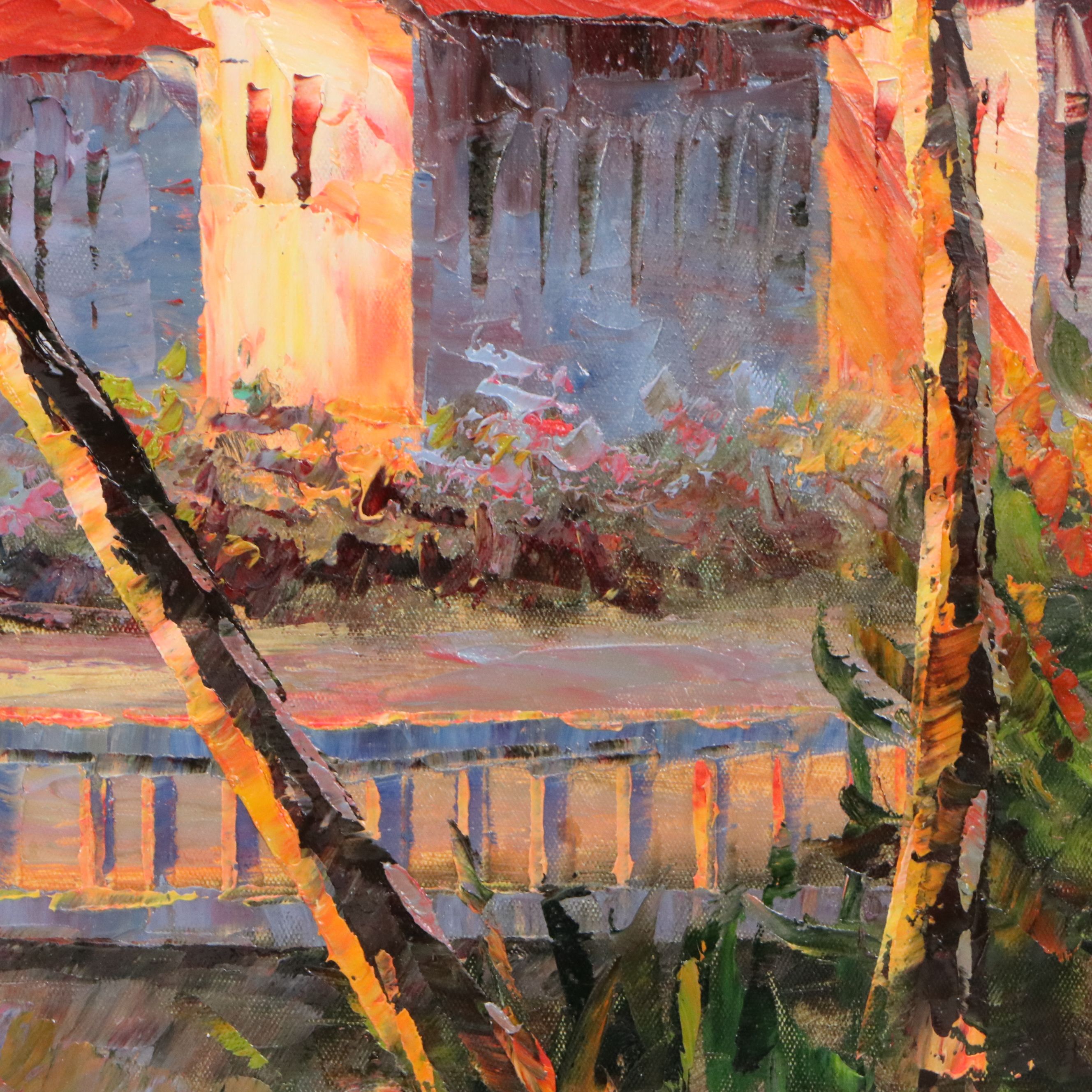 Oil Painting of Mediterranean Coastal Sunset, 21st Century