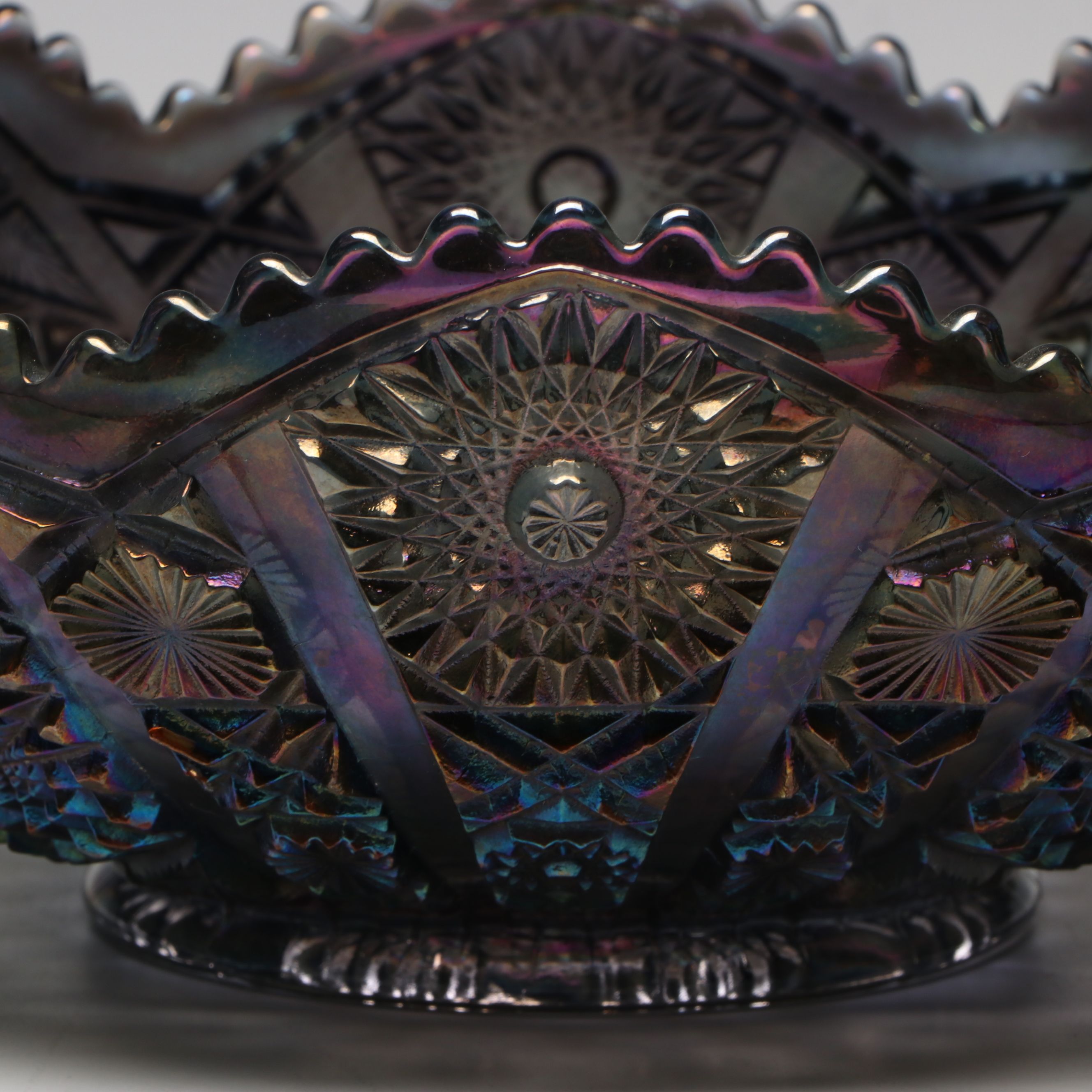 Imperial Sawtooth Rim Carnival Glass Bowl with Other Sugar Bowl