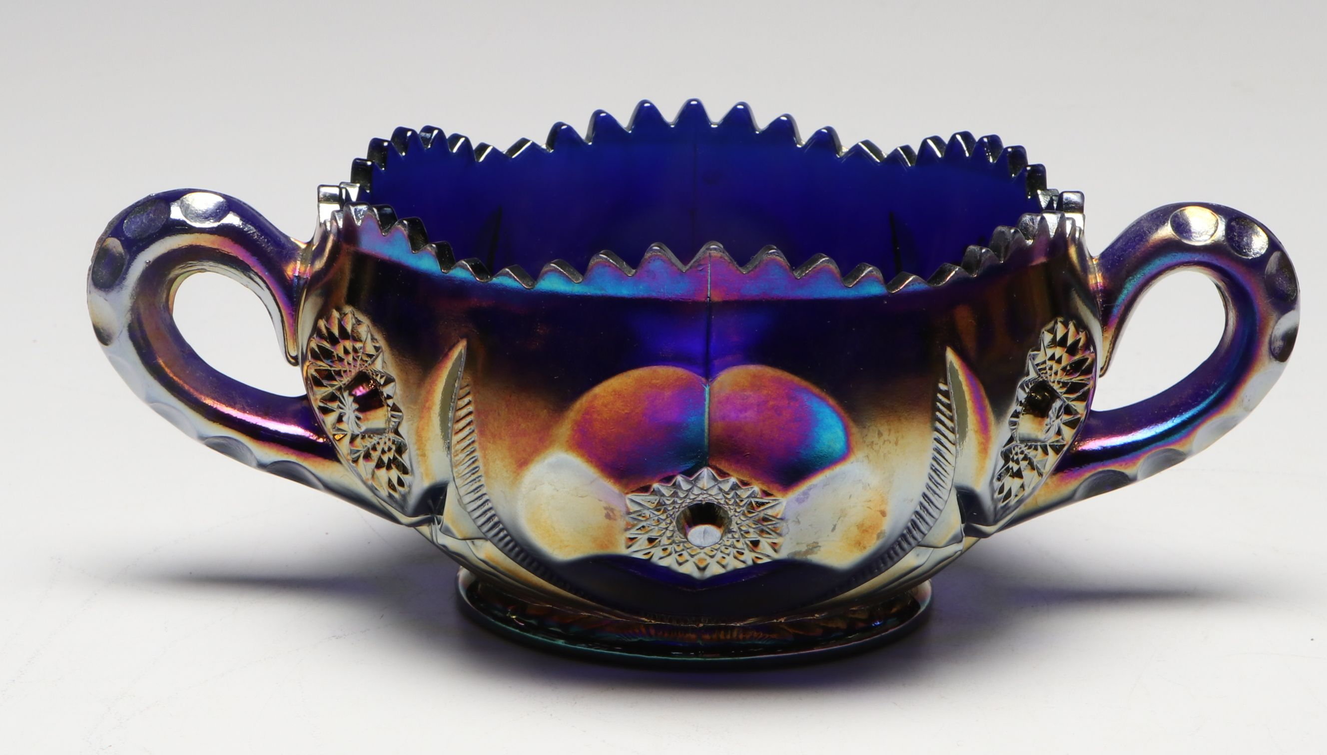 Imperial Sawtooth Rim Carnival Glass Bowl with Other Sugar Bowl