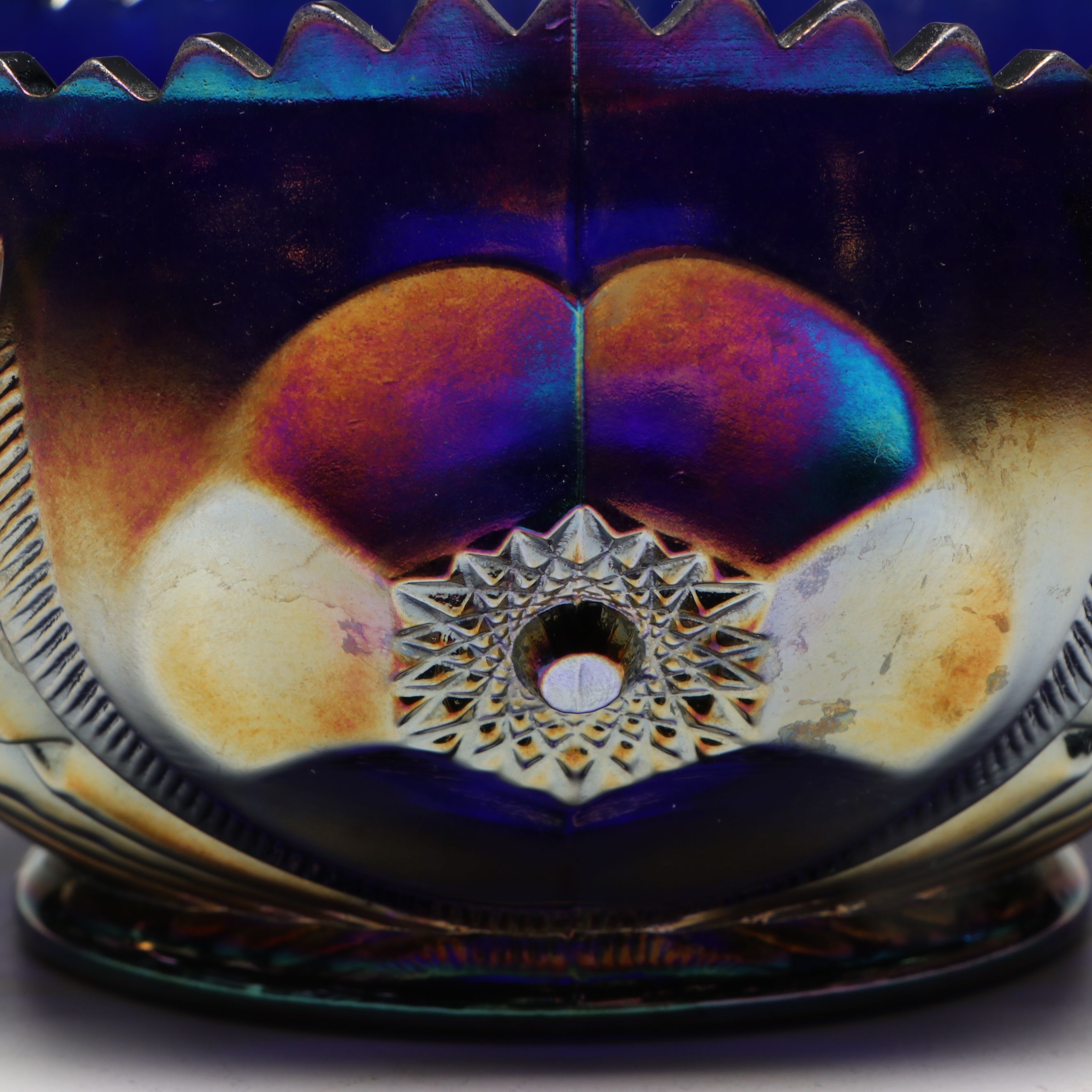 Imperial Sawtooth Rim Carnival Glass Bowl with Other Sugar Bowl