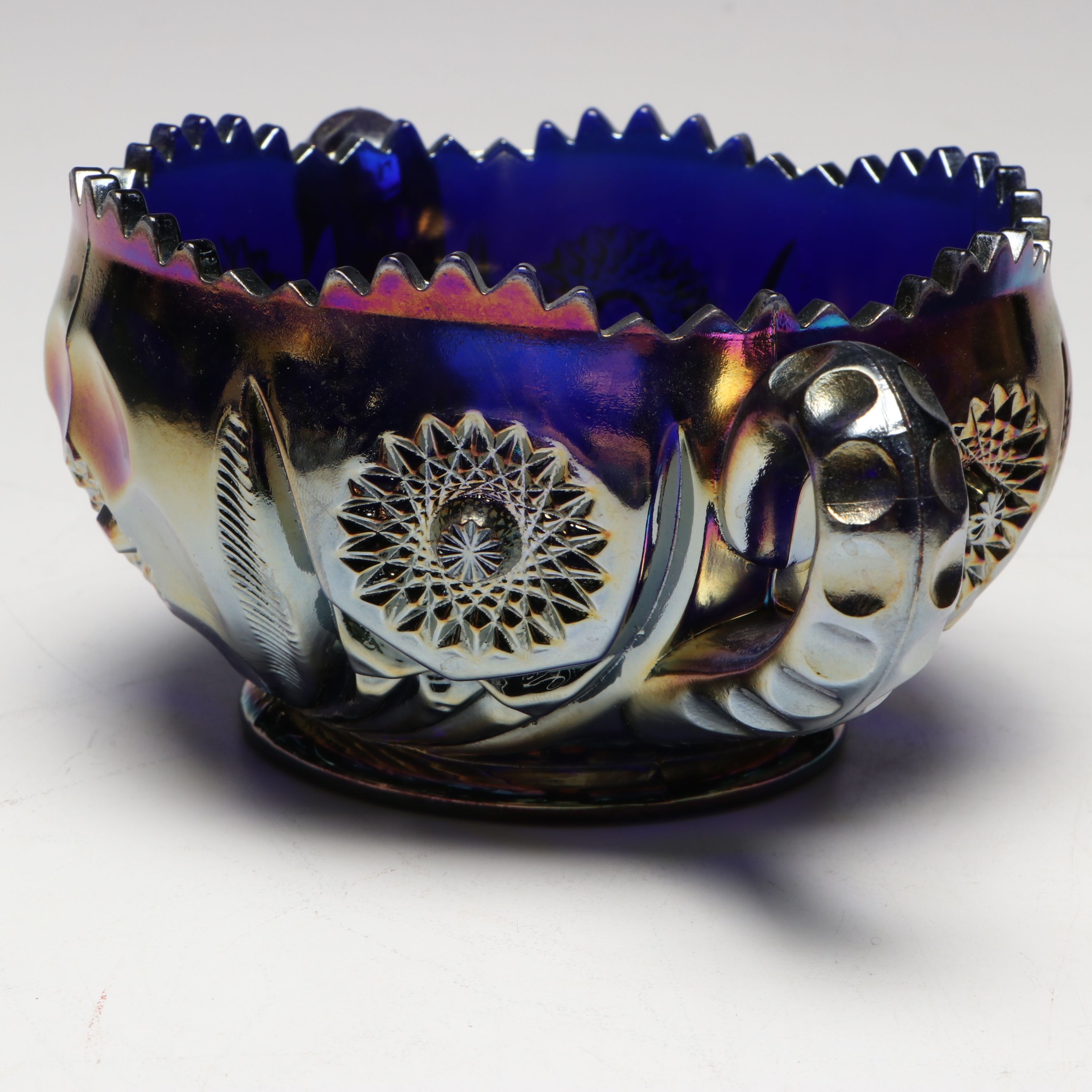 Imperial Sawtooth Rim Carnival Glass Bowl with Other Sugar Bowl
