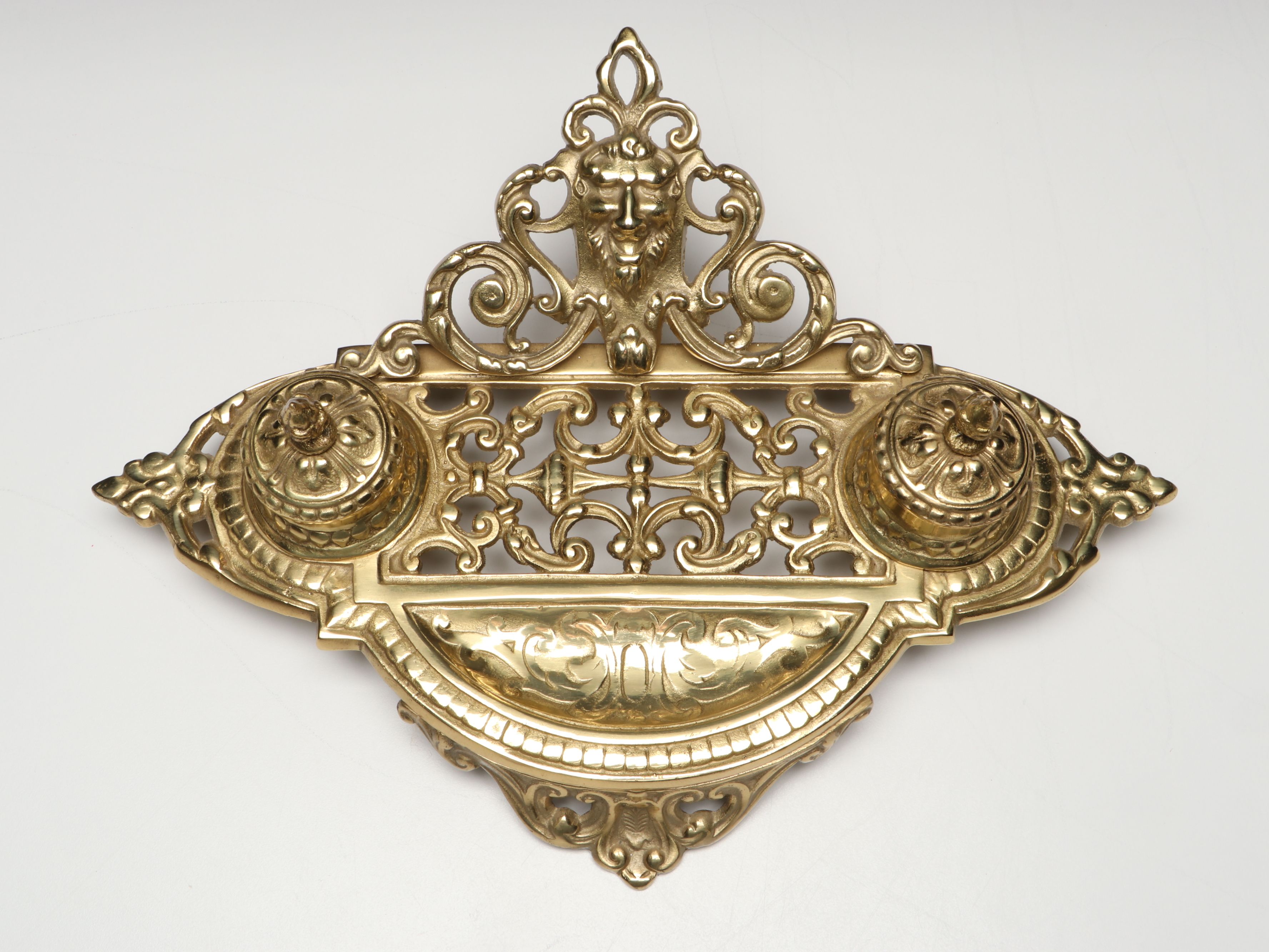 Rococo Revival Gilt Brass Openwork Lion Head Double Inkwell