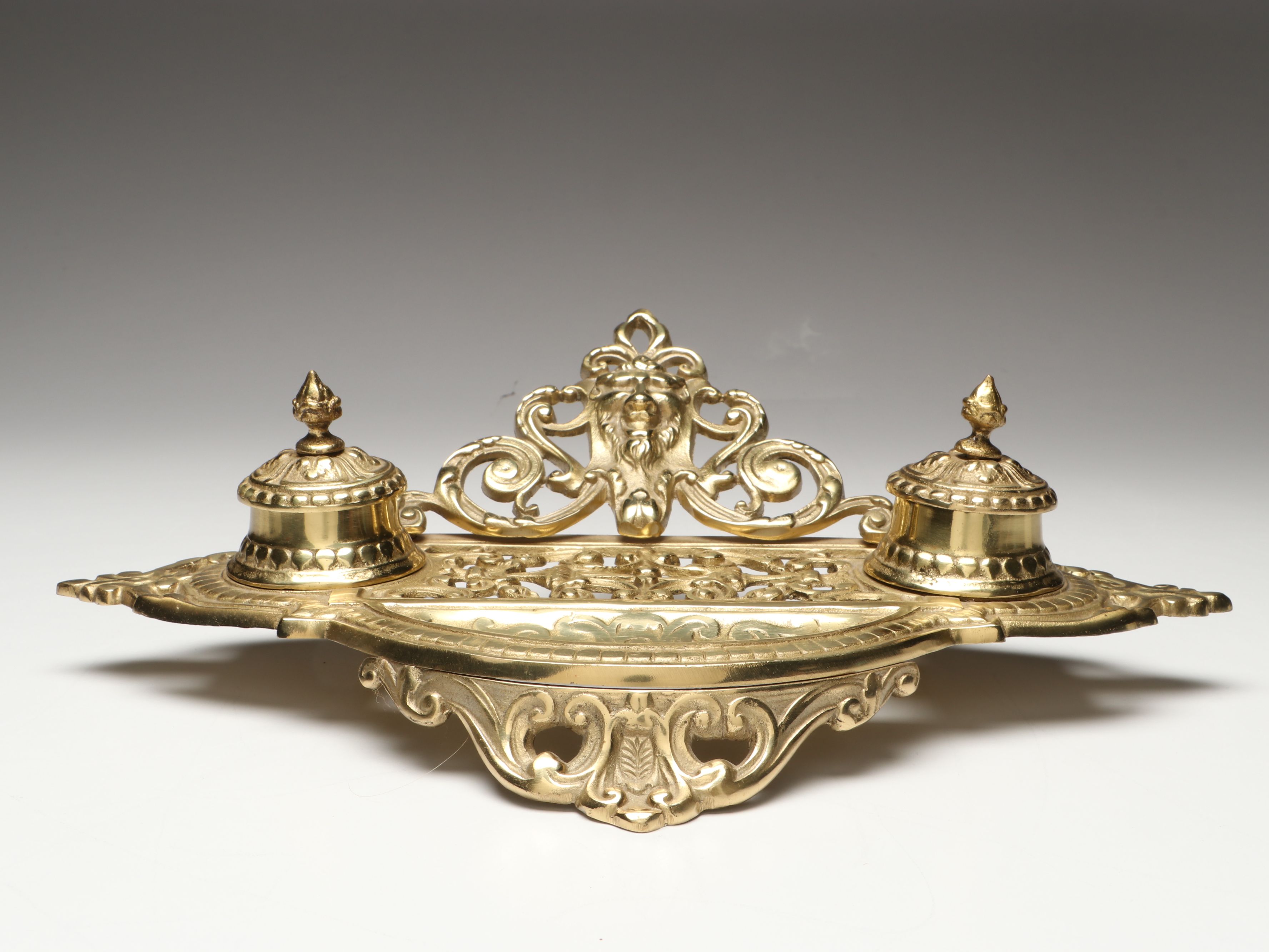 Rococo Revival Gilt Brass Openwork Lion Head Double Inkwell