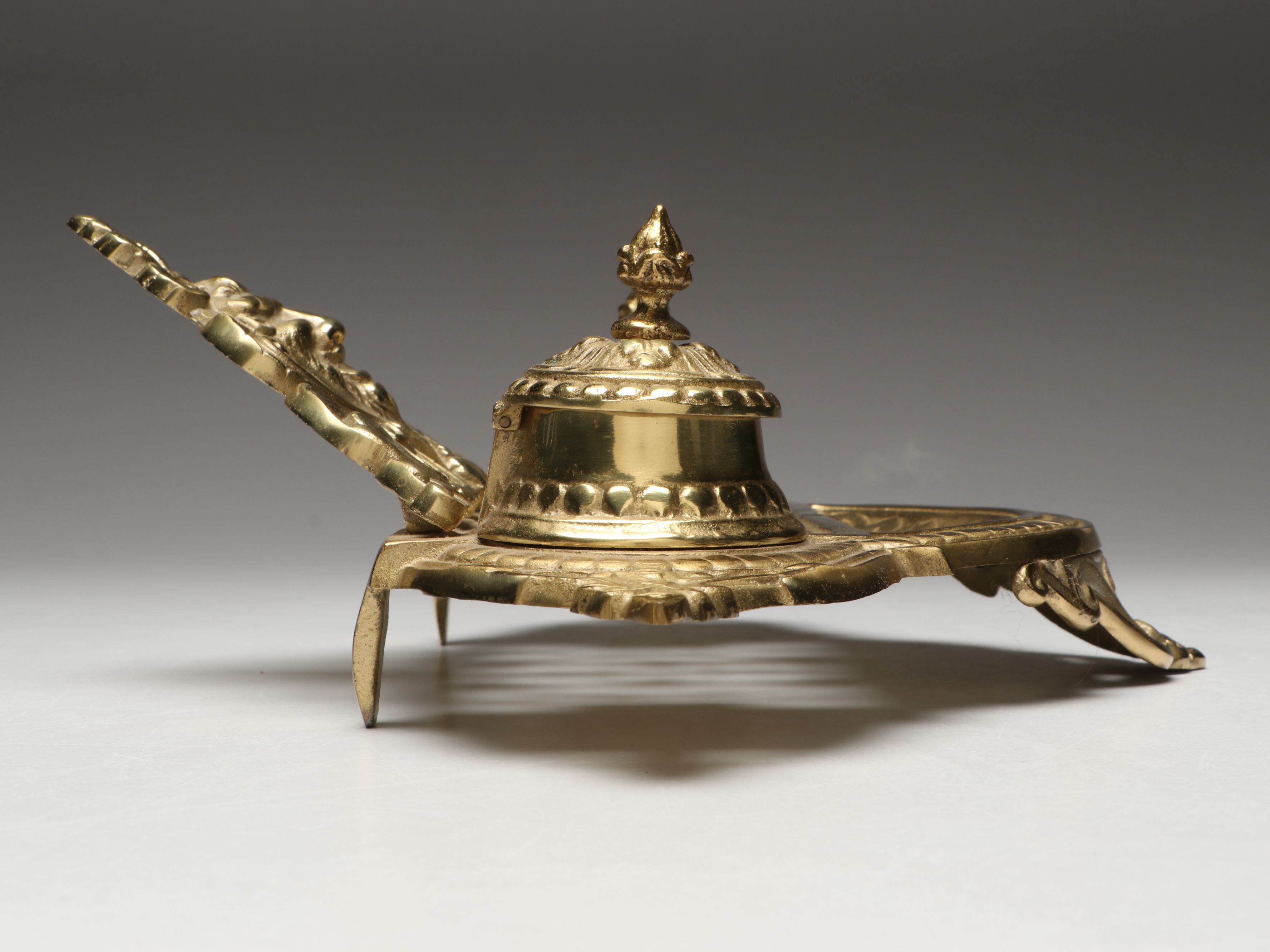 Rococo Revival Gilt Brass Openwork Lion Head Double Inkwell