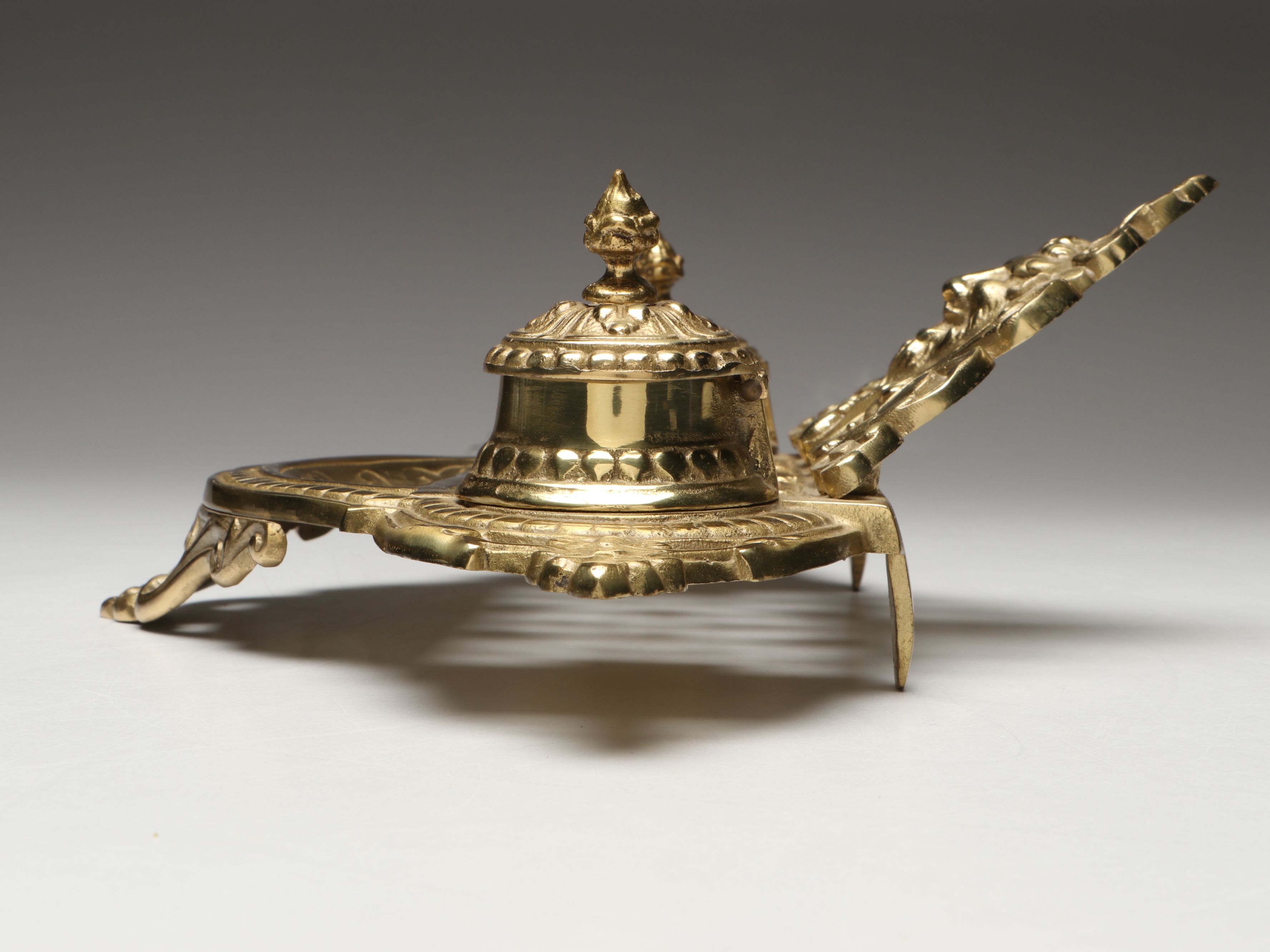 Rococo Revival Gilt Brass Openwork Lion Head Double Inkwell