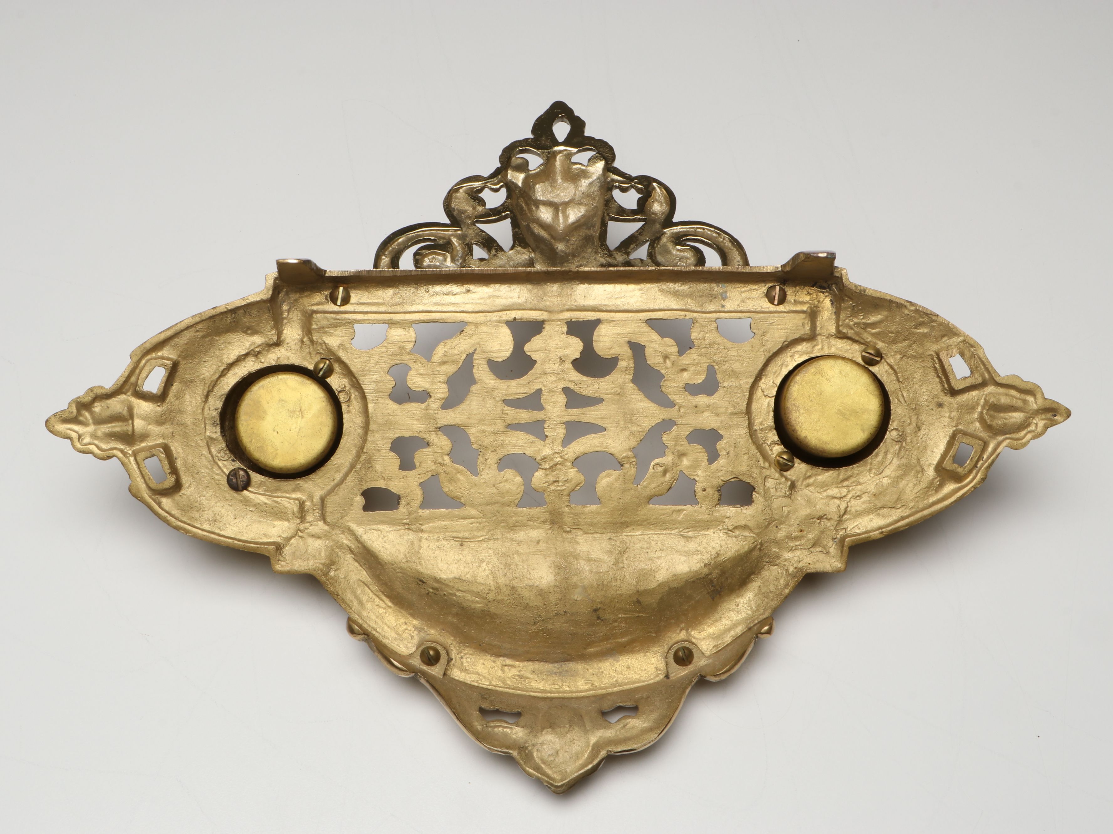 Rococo Revival Gilt Brass Openwork Lion Head Double Inkwell