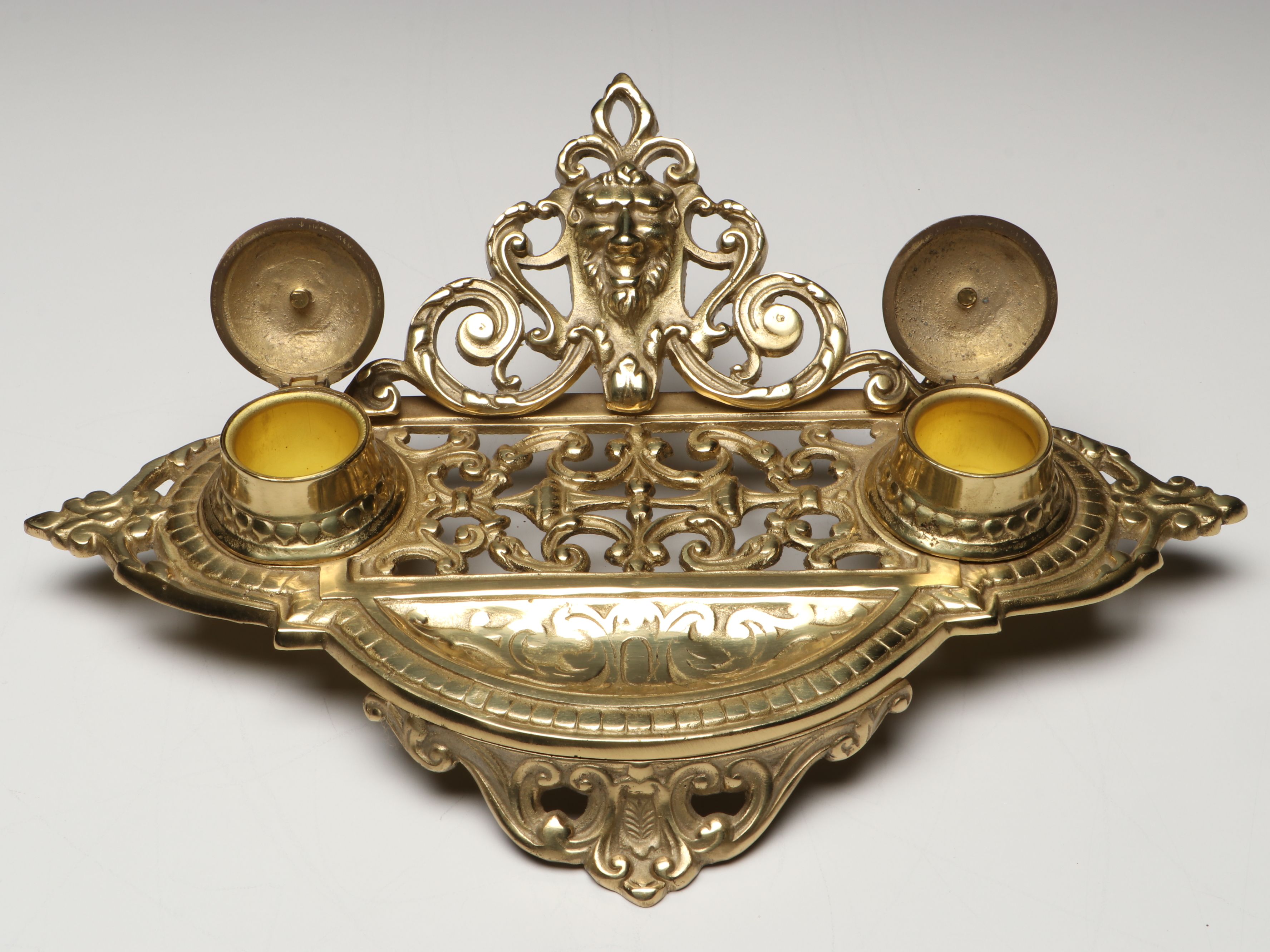 Rococo Revival Gilt Brass Openwork Lion Head Double Inkwell