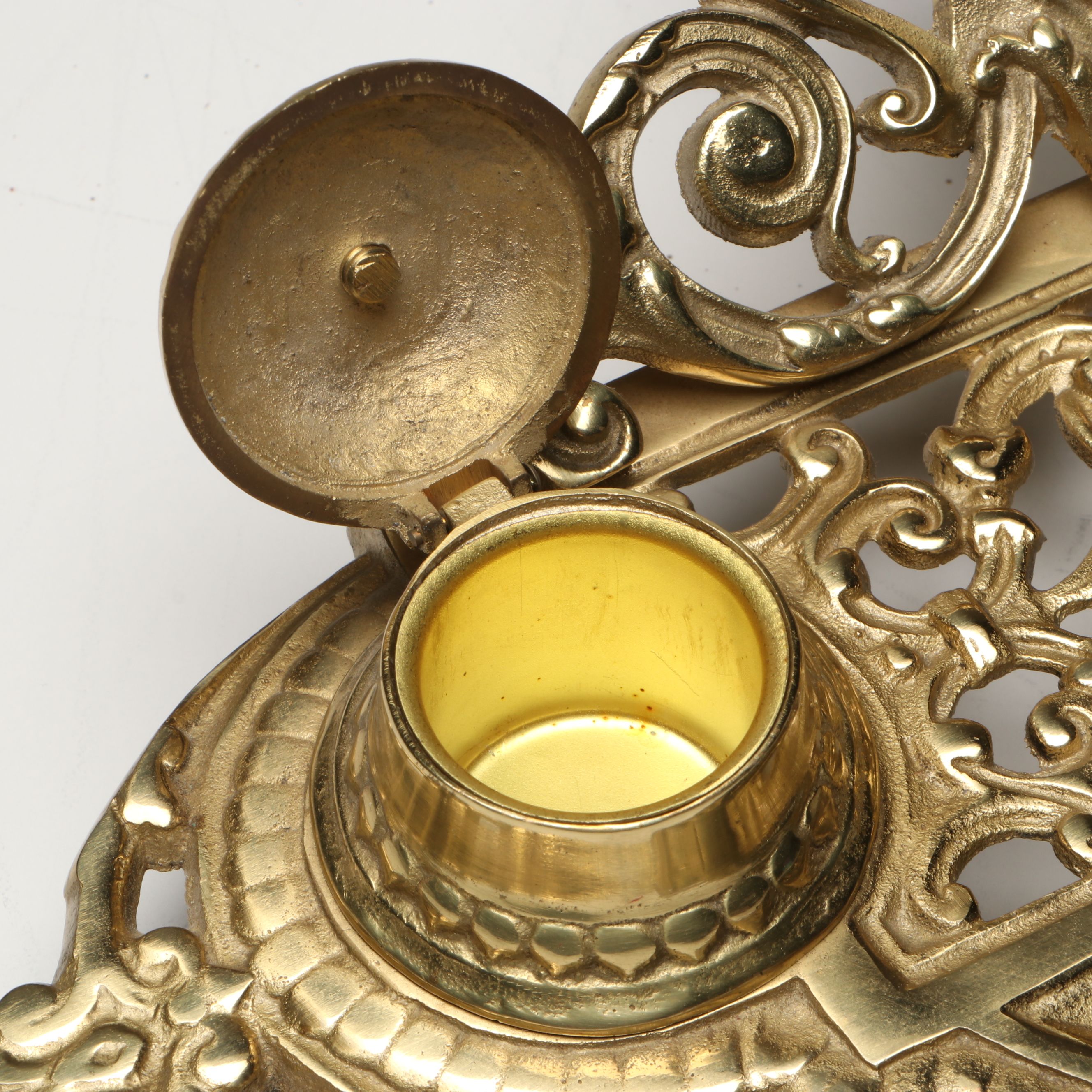 Rococo Revival Gilt Brass Openwork Lion Head Double Inkwell