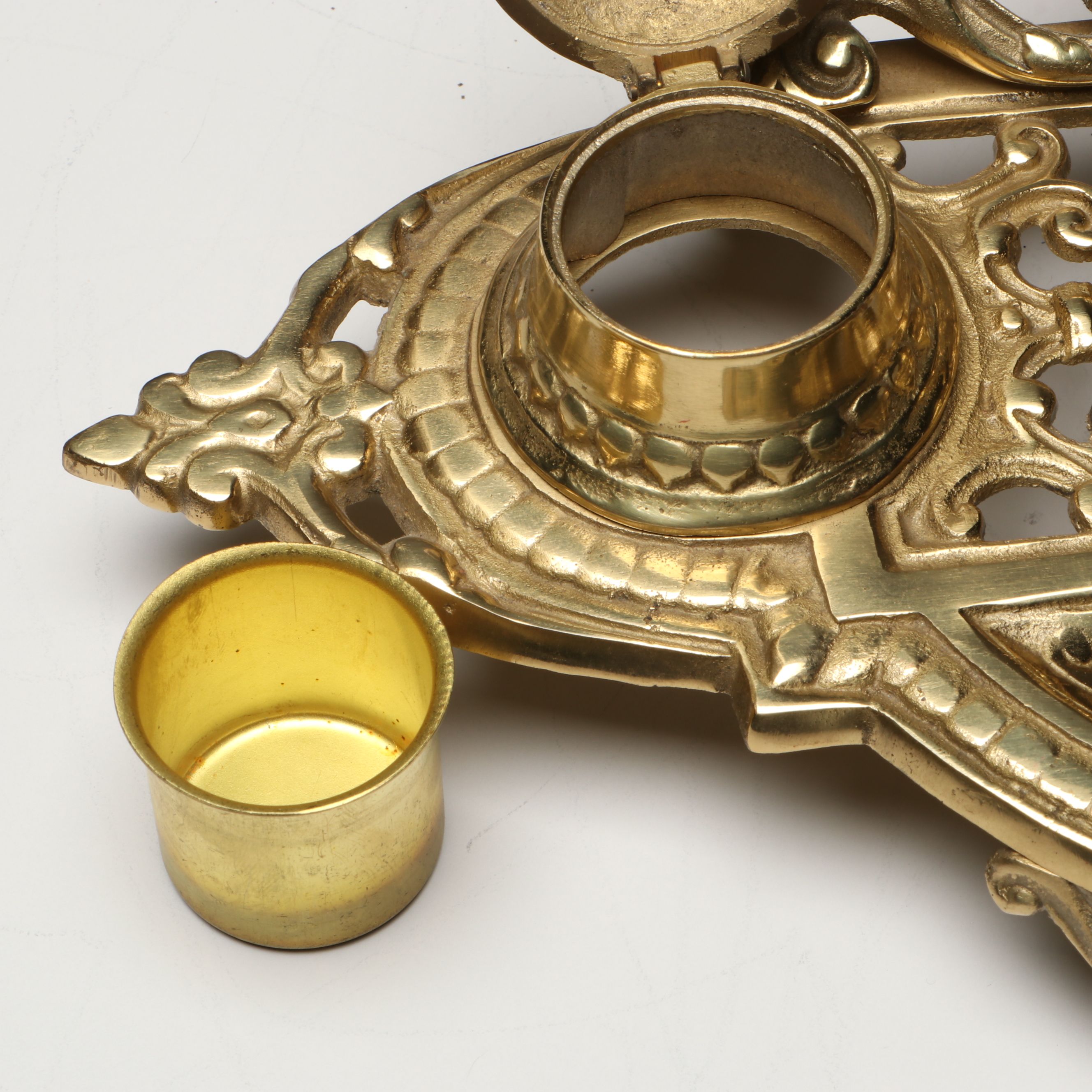 Rococo Revival Gilt Brass Openwork Lion Head Double Inkwell