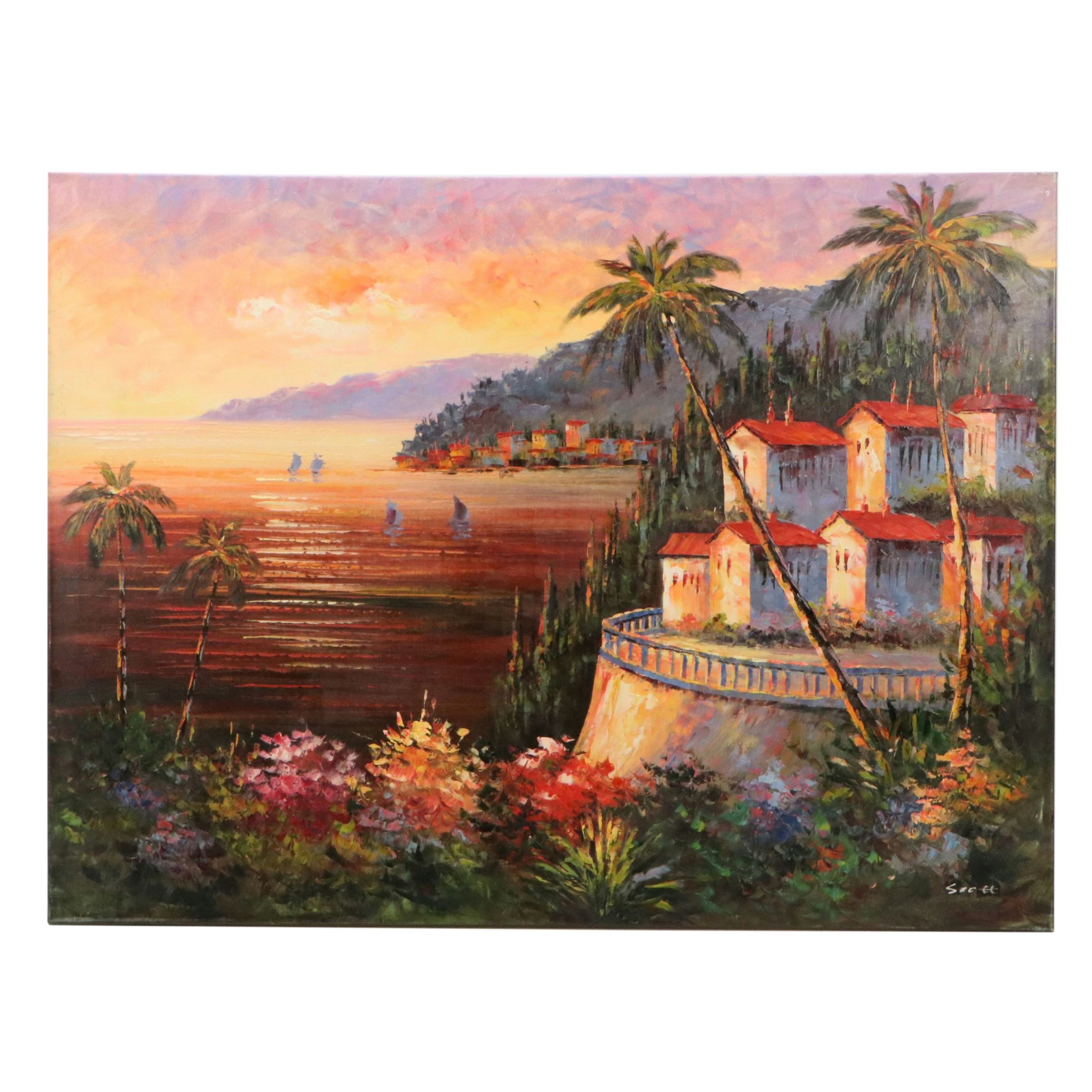 Oil Painting of Mediterranean Coastal Sunset, 21st Century