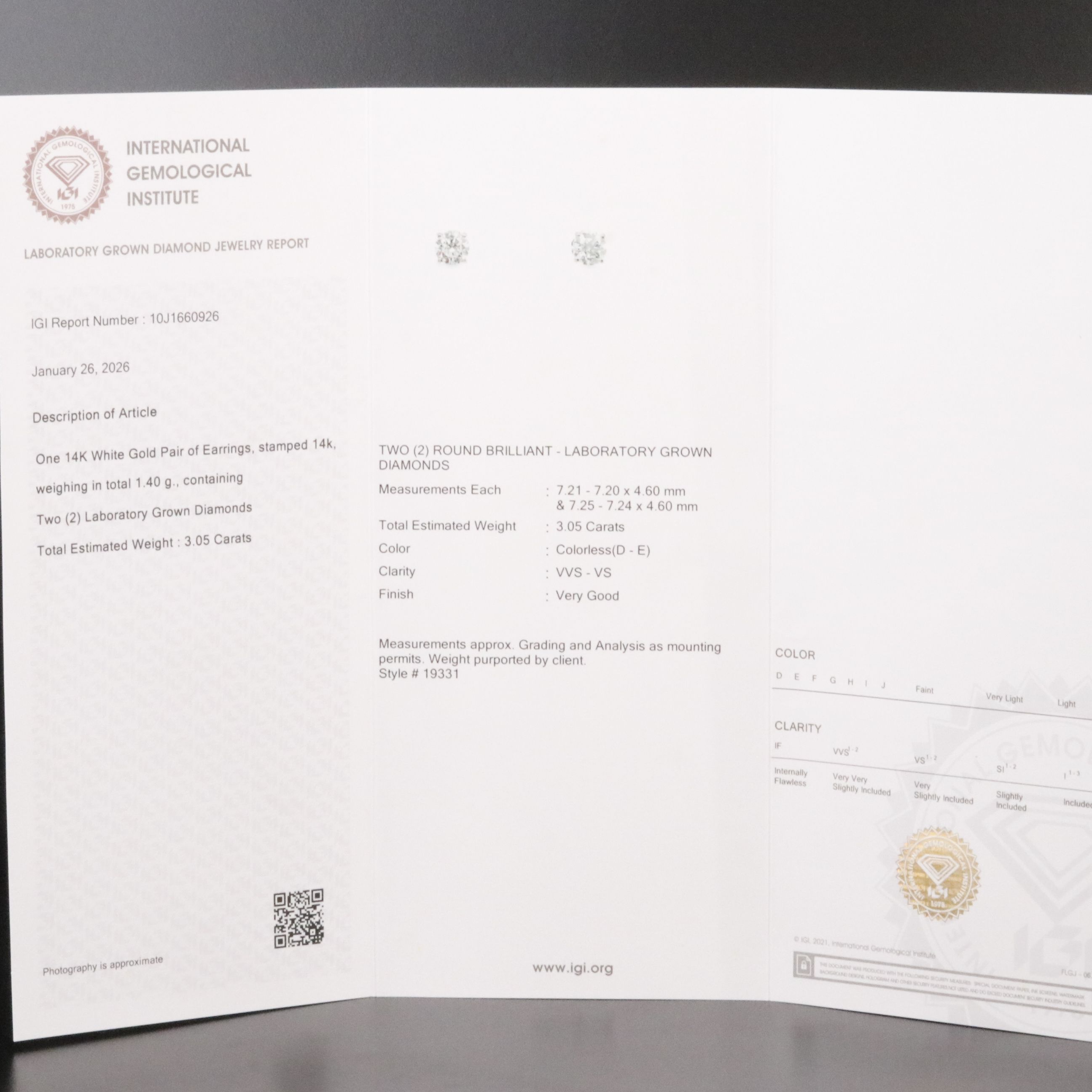 14K 3.05 CTW Lab Grown Diamond Stud Earrings with IGI Jewelry Report