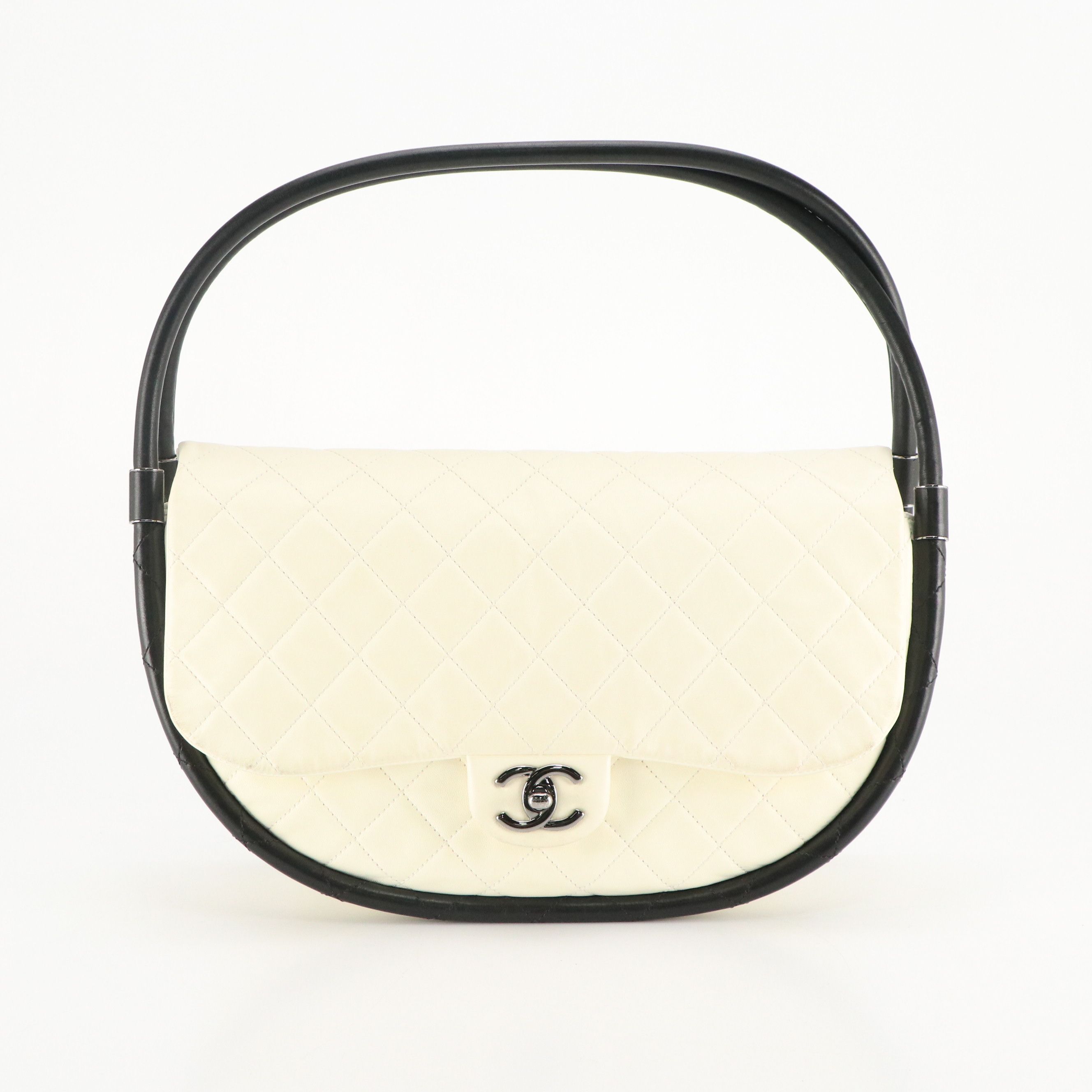 Chanel Hula Hoop Shoulder Bag in Ivory Quilted Lambskin Leather and Black Trim