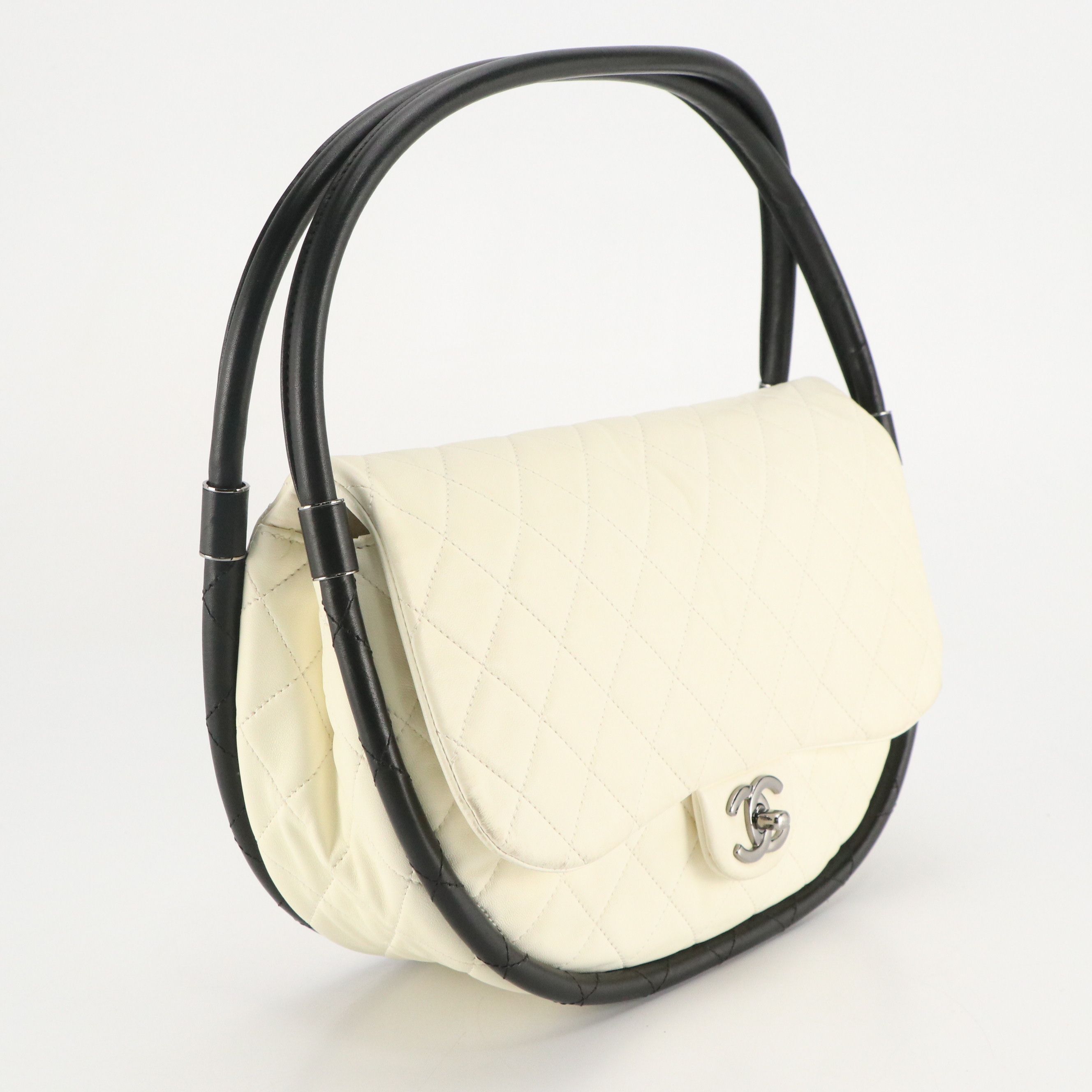Chanel Hula Hoop Shoulder Bag in Ivory Quilted Lambskin Leather and Black Trim