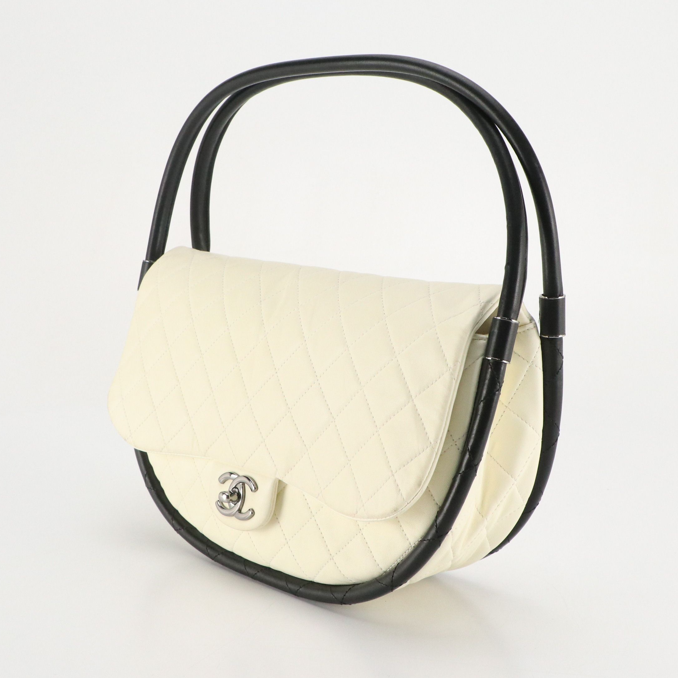 Chanel Hula Hoop Shoulder Bag in Ivory Quilted Lambskin Leather and Black Trim