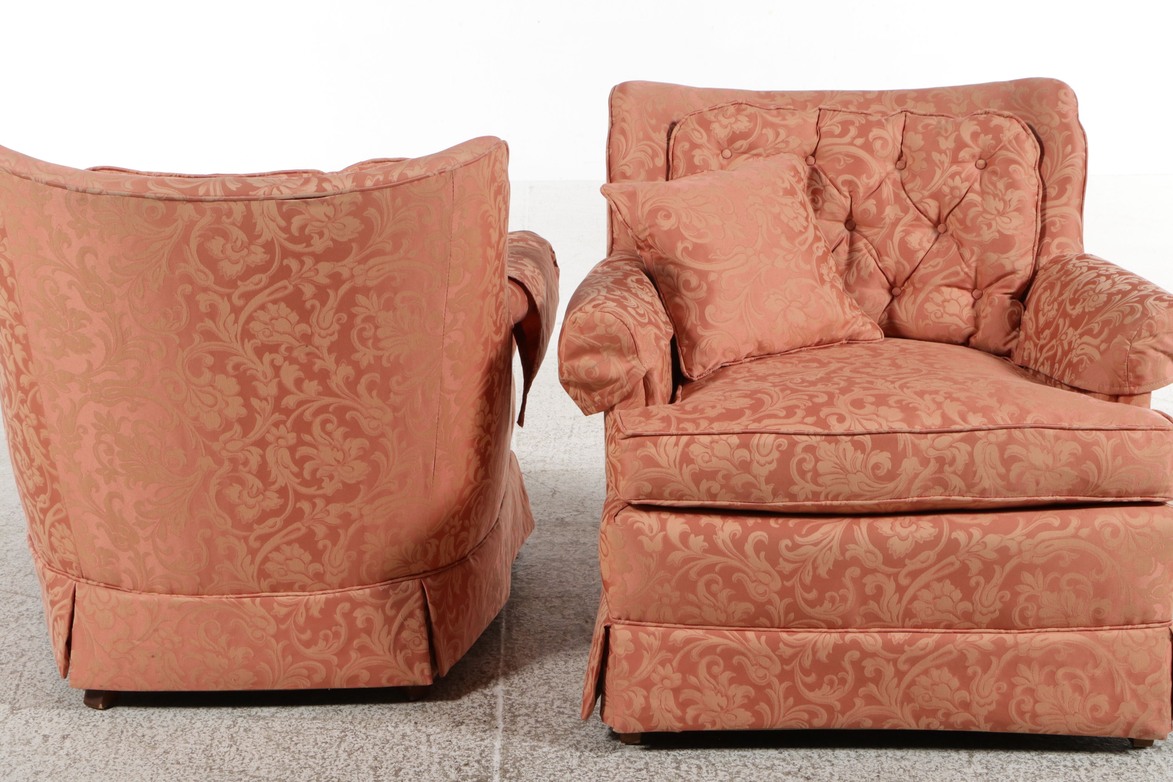 Pair of Damask Upholstered Tufted Back Armchairs