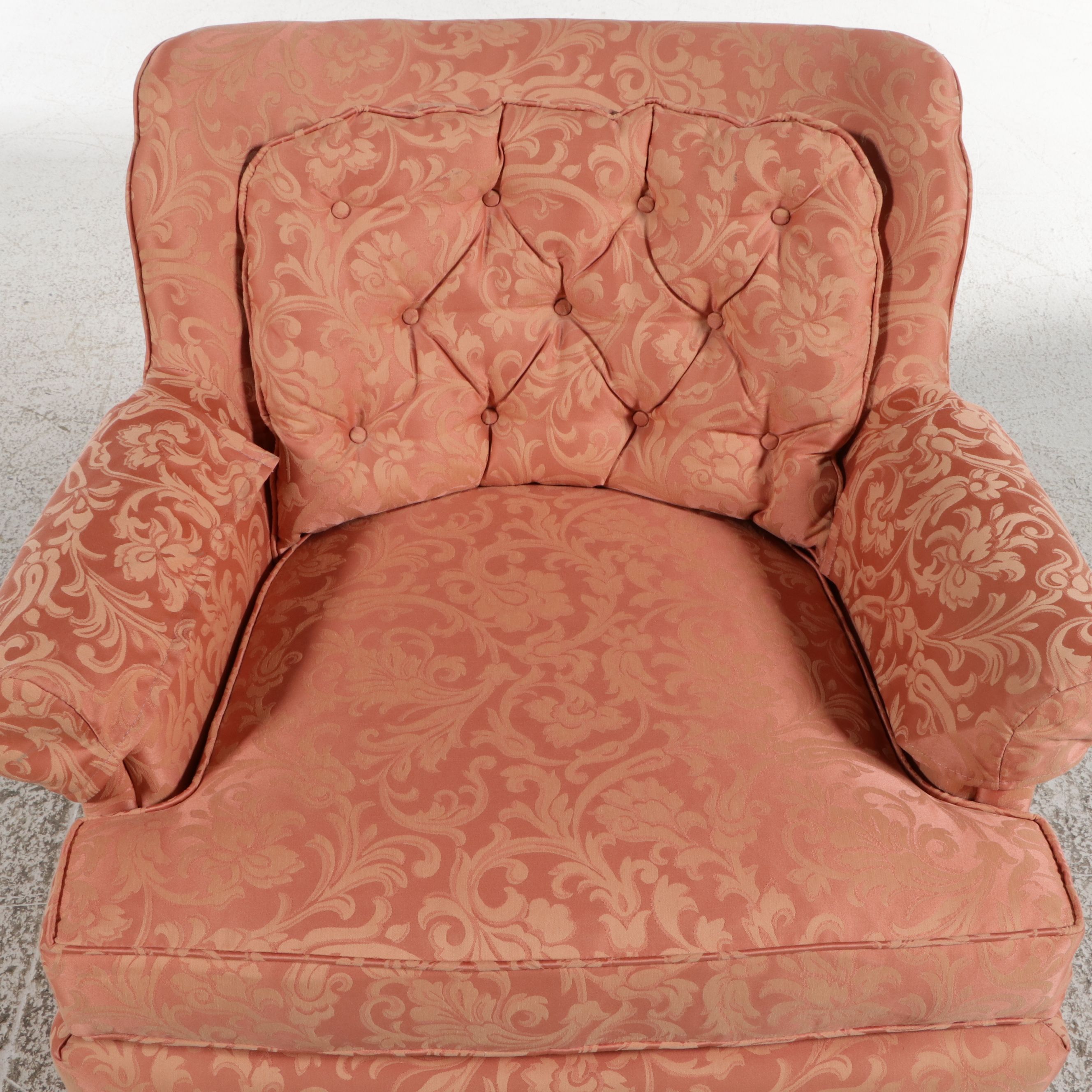 Pair of Damask Upholstered Tufted Back Armchairs