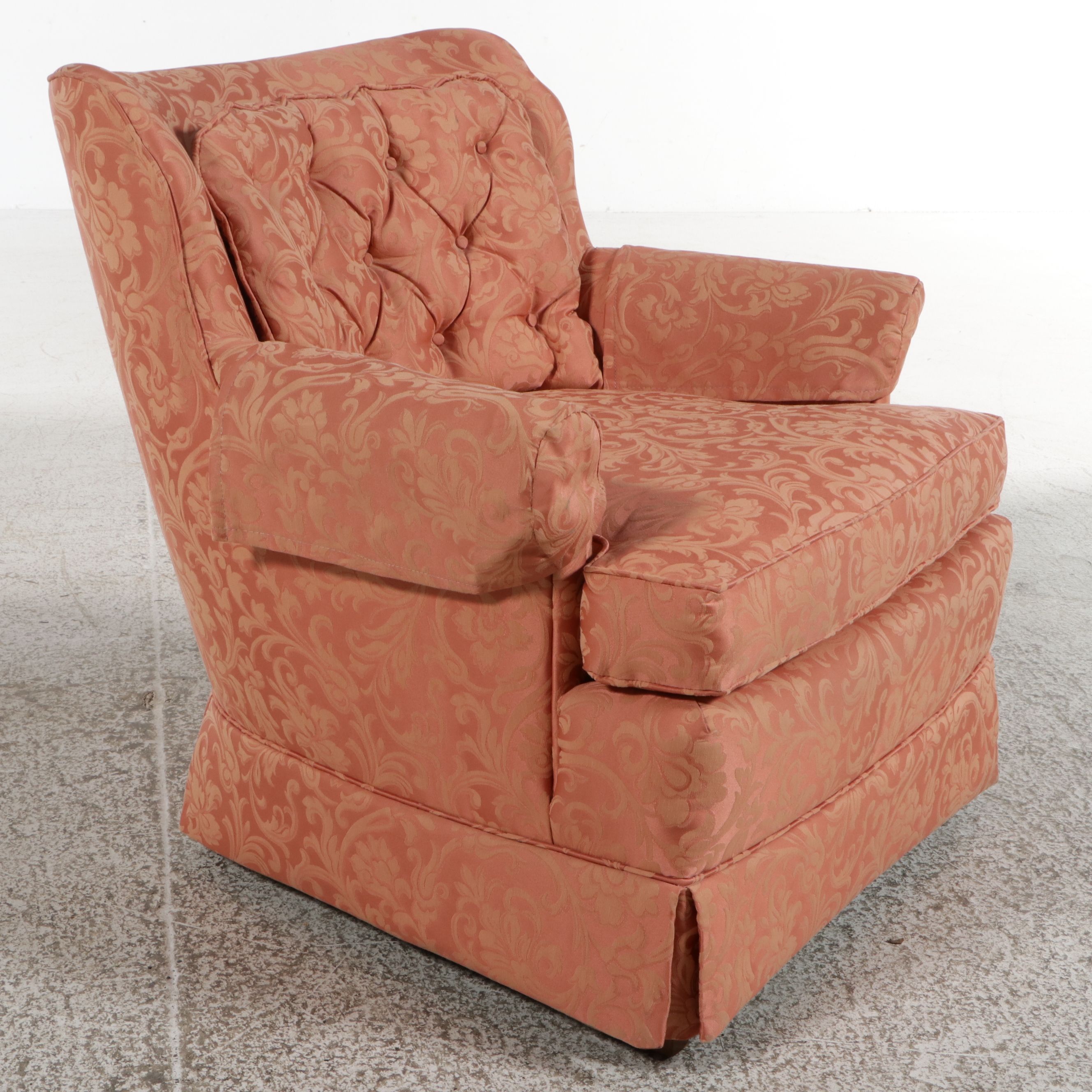 Pair of Damask Upholstered Tufted Back Armchairs