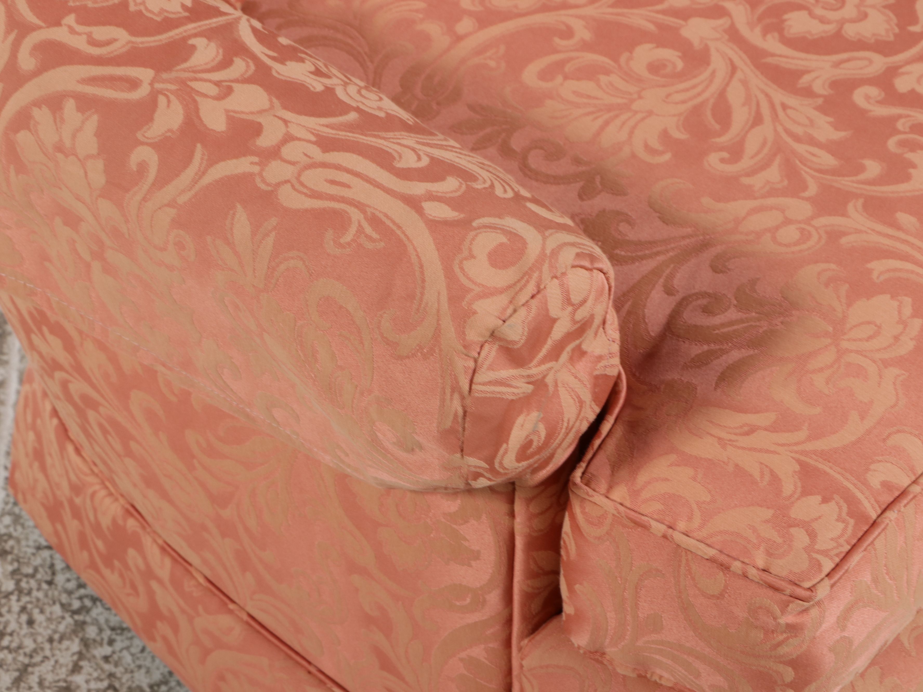Pair of Damask Upholstered Tufted Back Armchairs