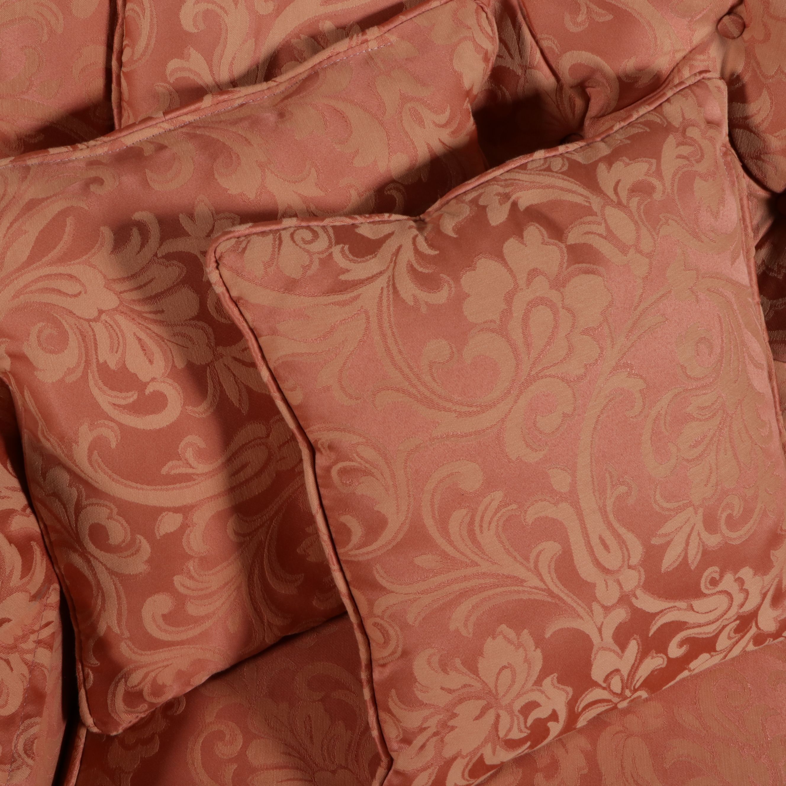 Pair of Damask Upholstered Tufted Back Armchairs