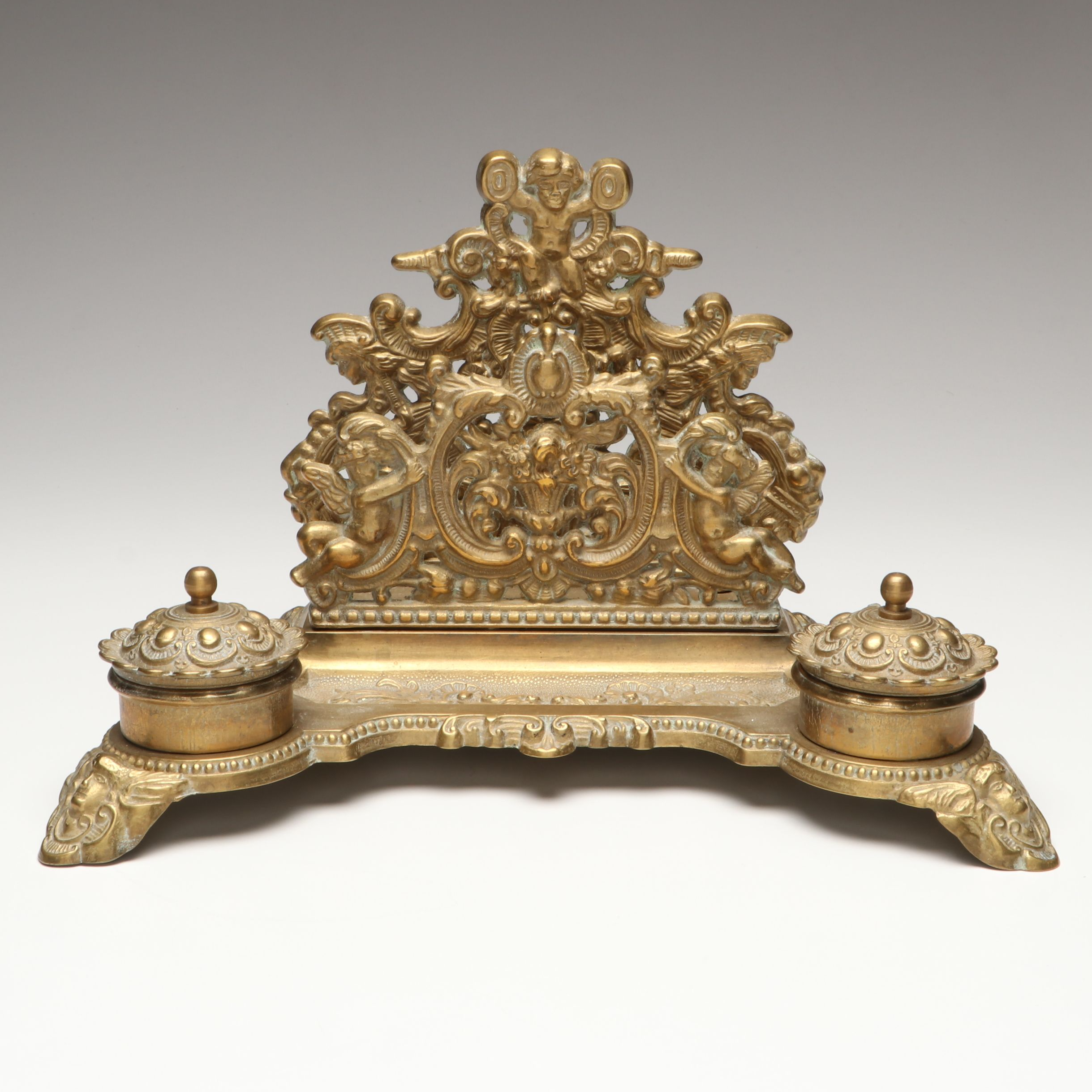 Rococo Revival Gilt Brass Putti Ornamented Double Inkwell, Late 19th C.