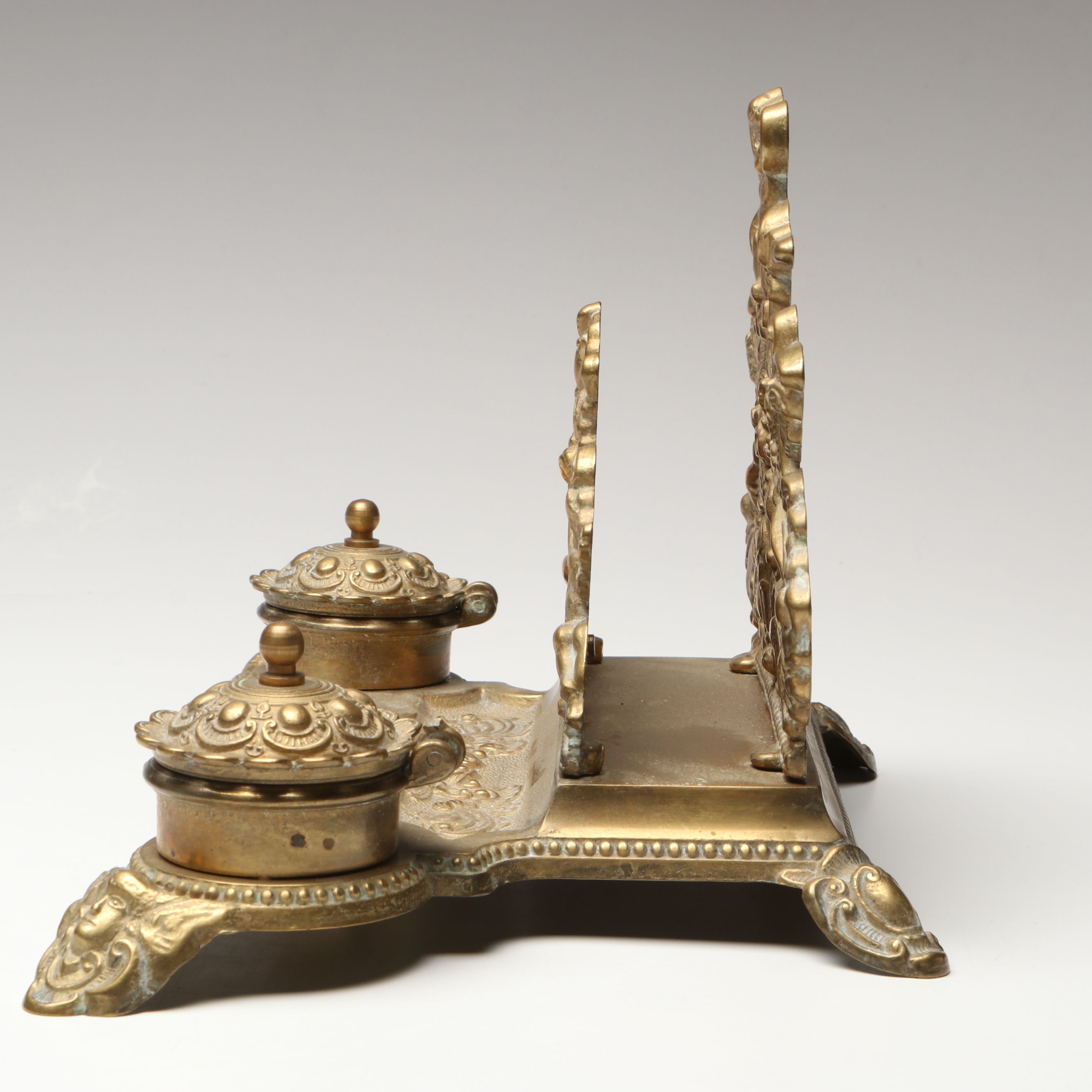 Rococo Revival Gilt Brass Putti Ornamented Double Inkwell, Late 19th C.