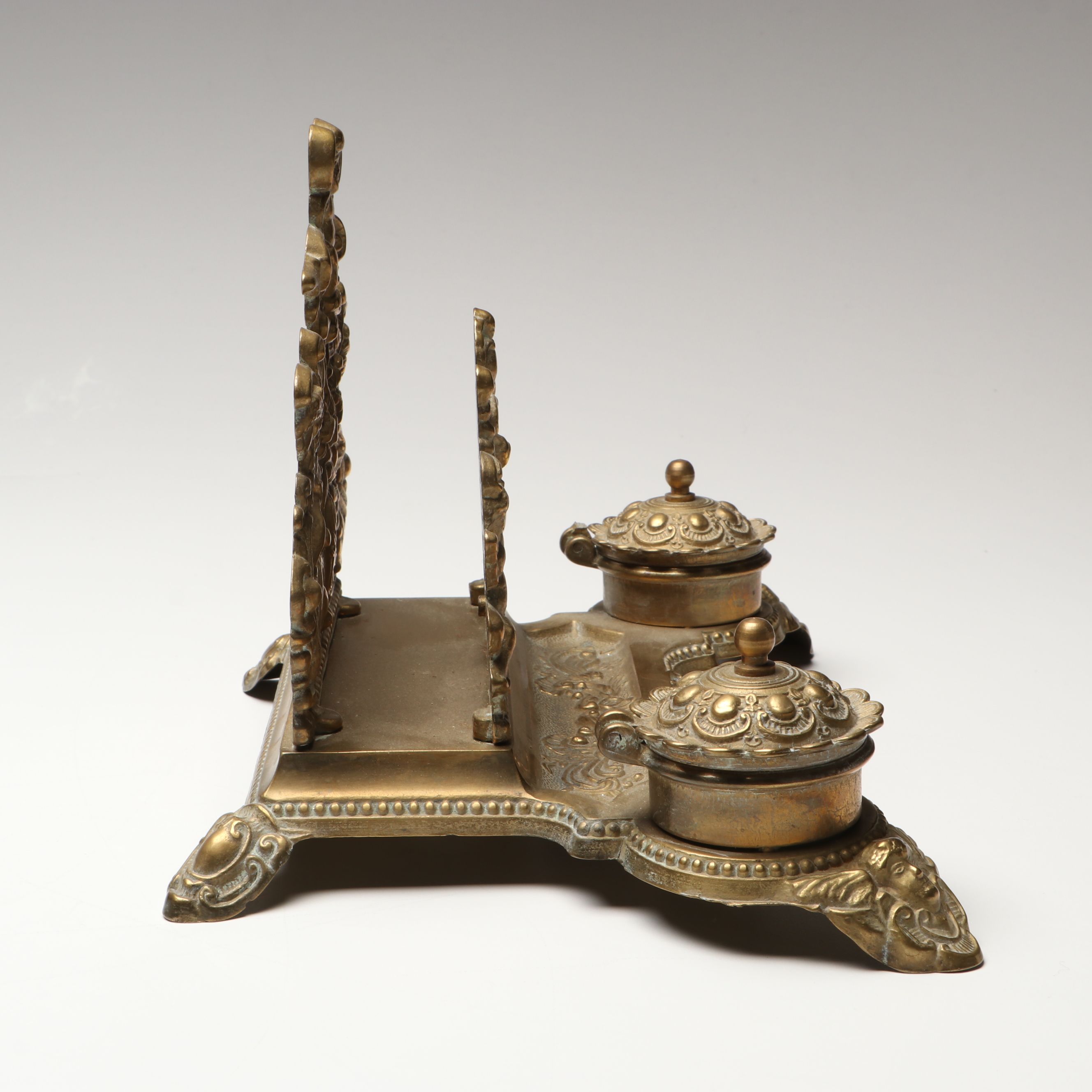 Rococo Revival Gilt Brass Putti Ornamented Double Inkwell, Late 19th C.