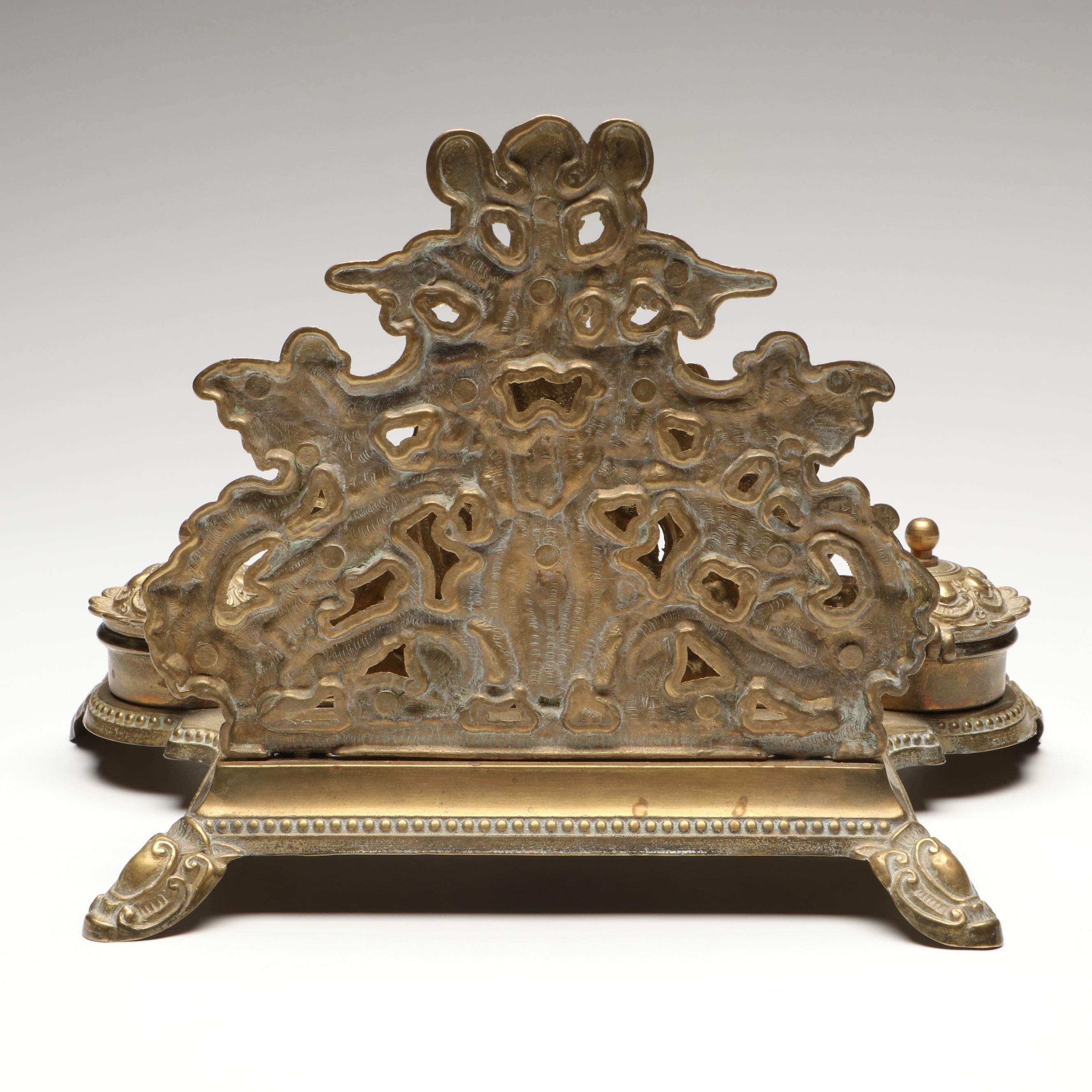 Rococo Revival Gilt Brass Putti Ornamented Double Inkwell, Late 19th C.