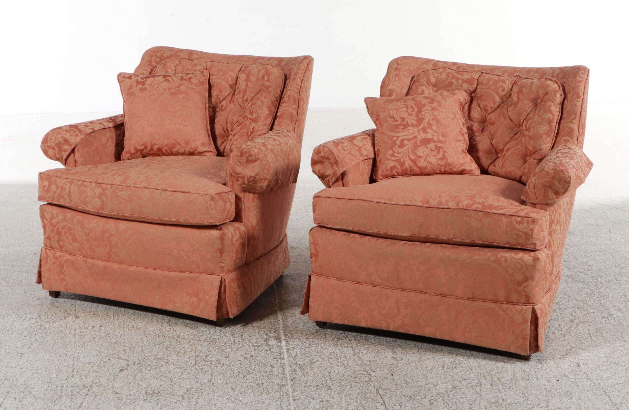 Pair of Damask Upholstered Tufted Back Armchairs