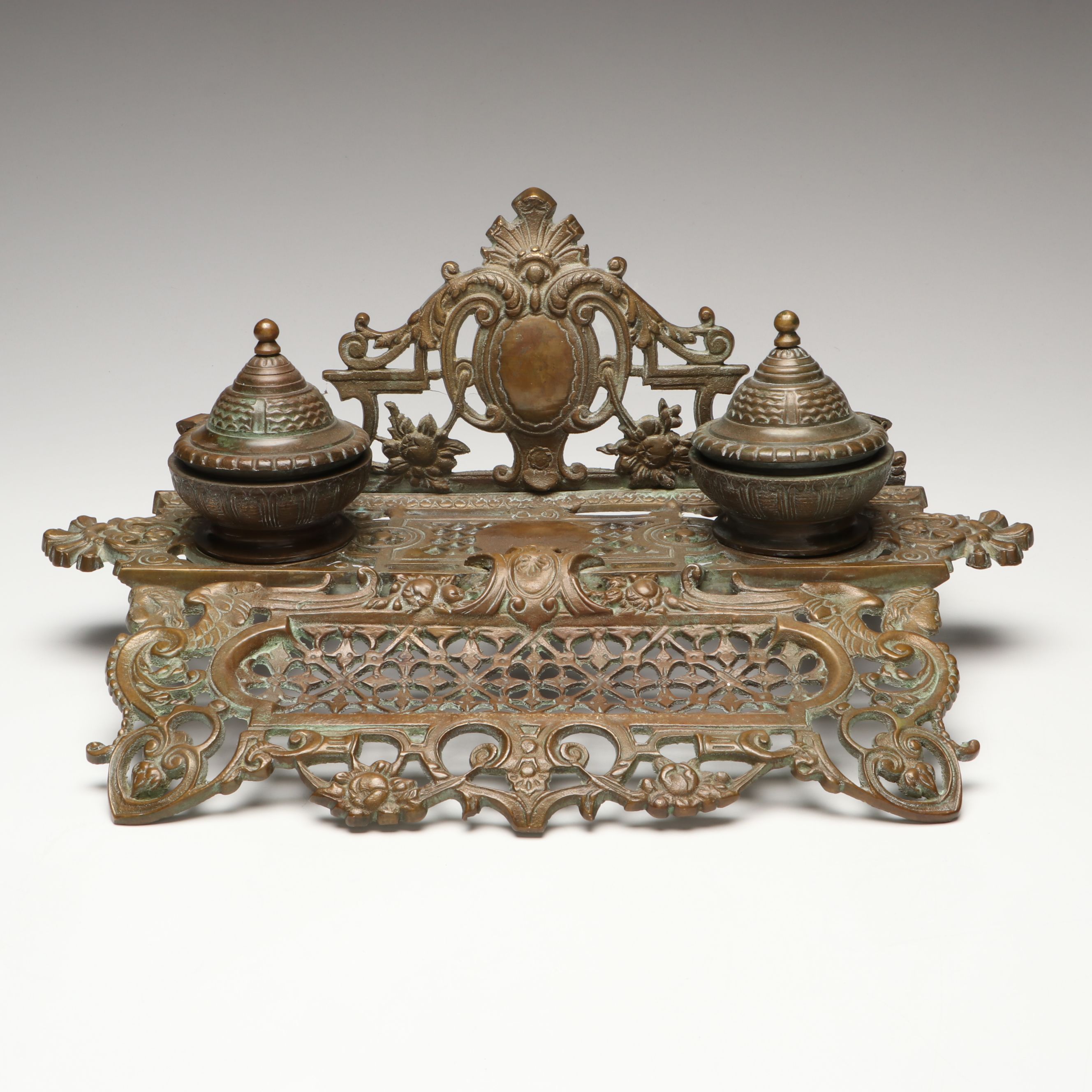 Rococo Revival Bras Openwork Double Inkwell, Late 19th Century