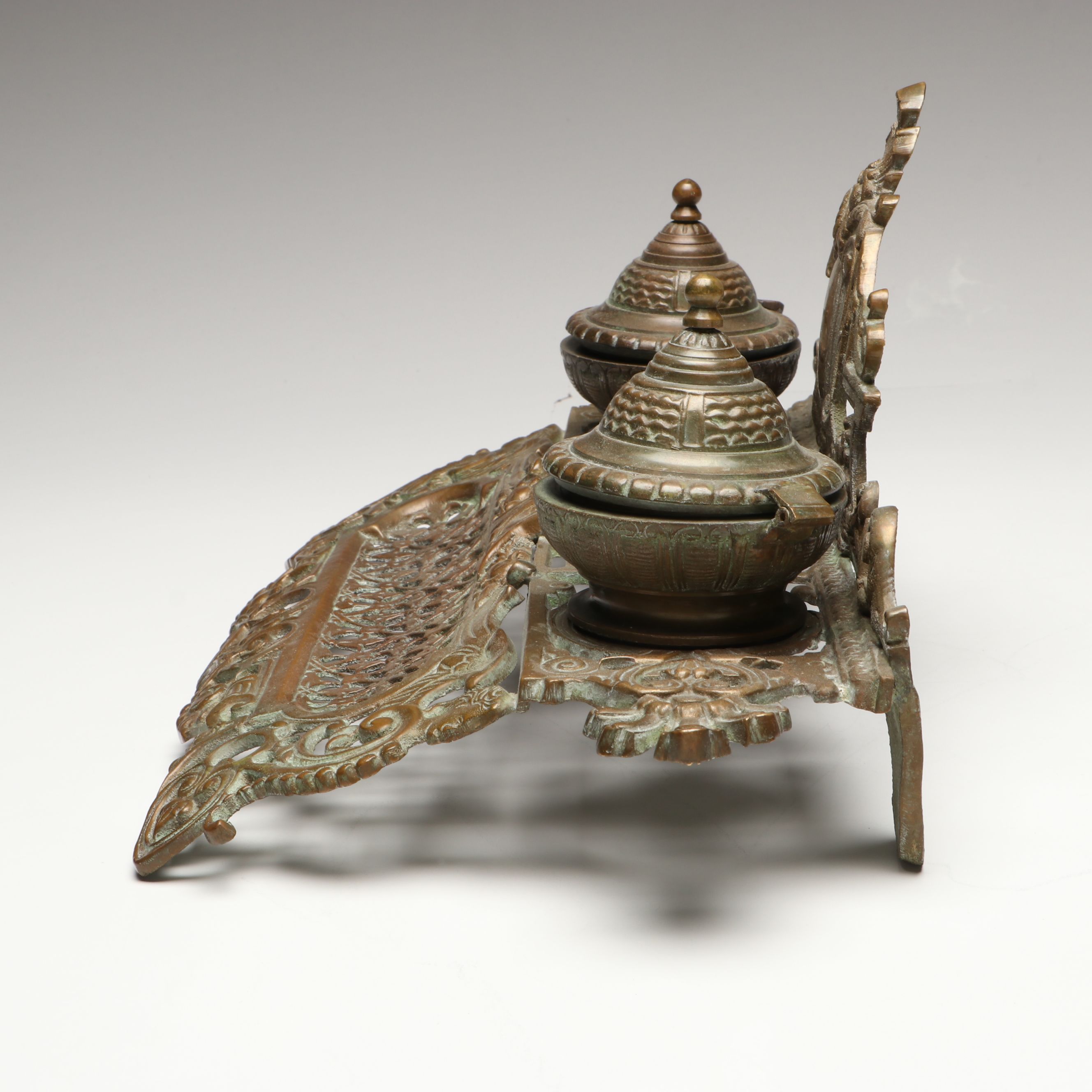 Rococo Revival Bras Openwork Double Inkwell, Late 19th Century