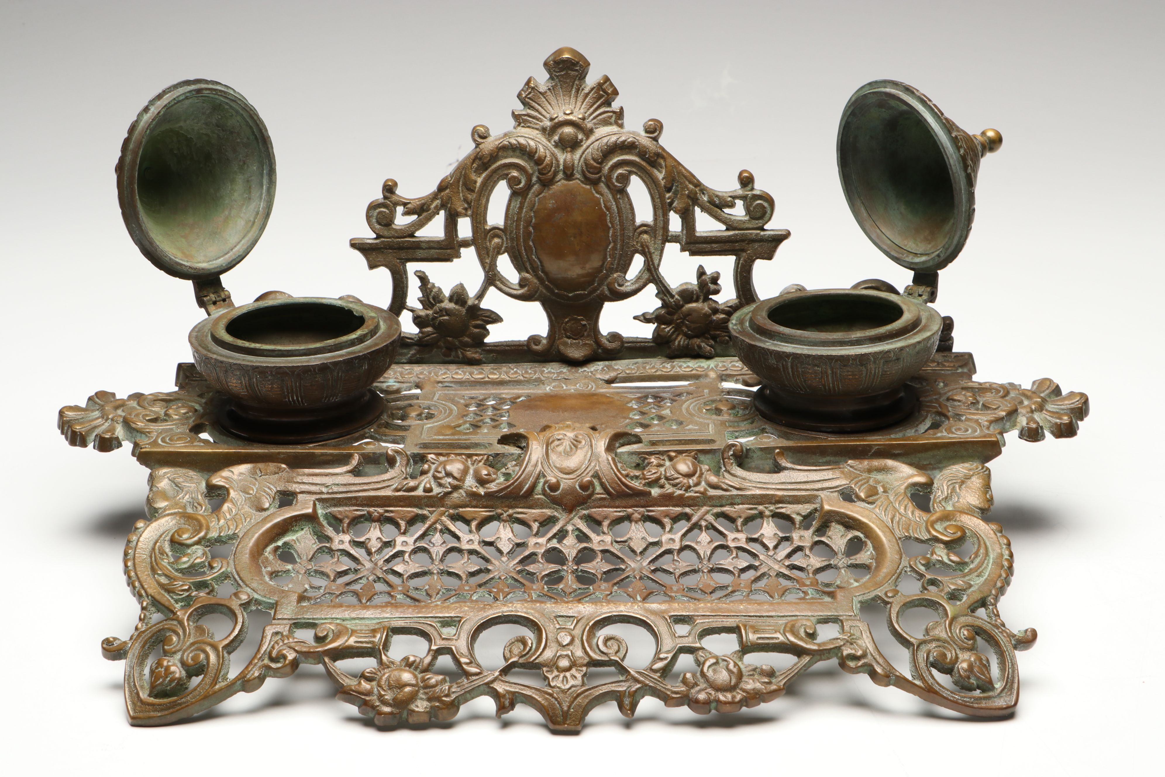 Rococo Revival Bras Openwork Double Inkwell, Late 19th Century