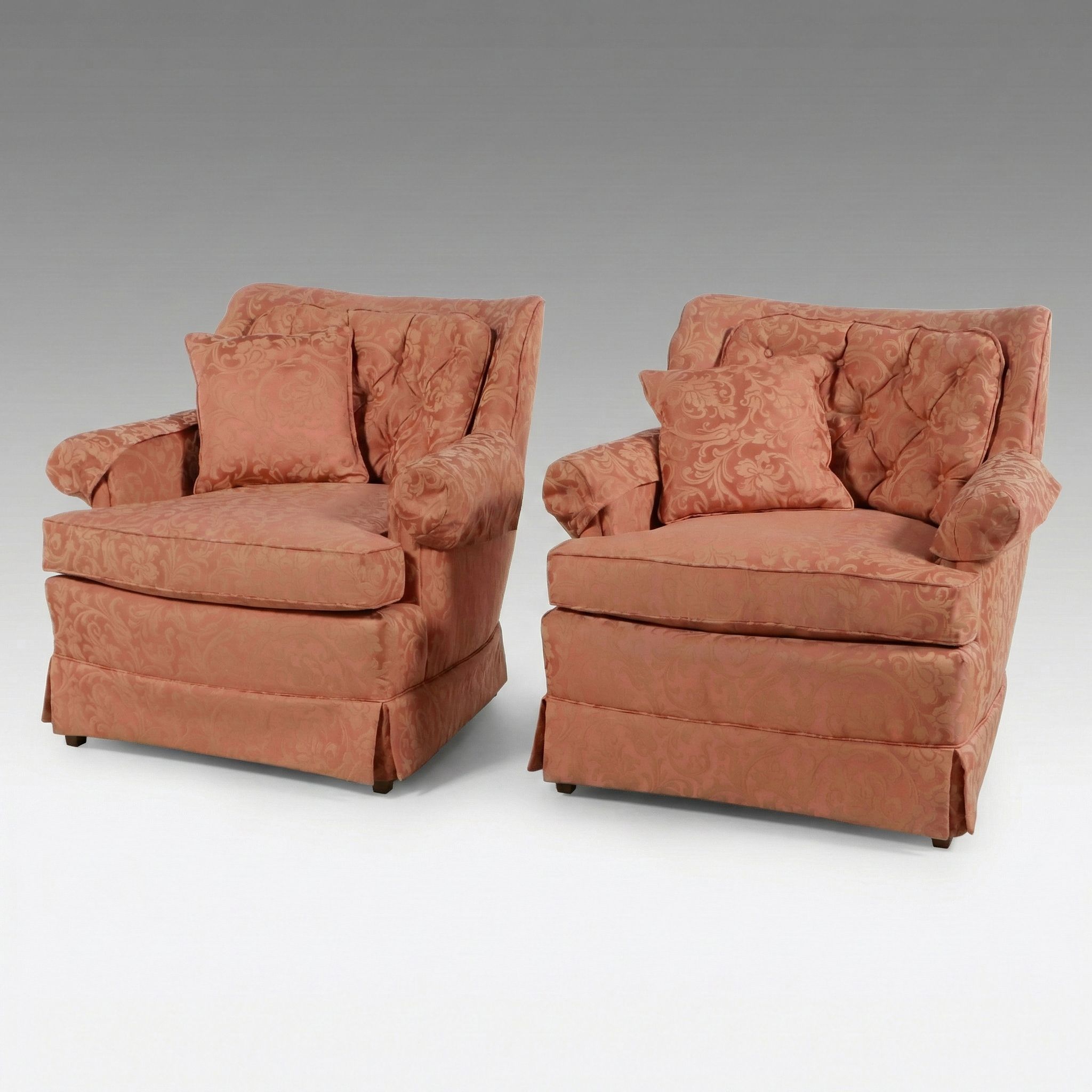 Pair of Damask Upholstered Tufted Back Armchairs
