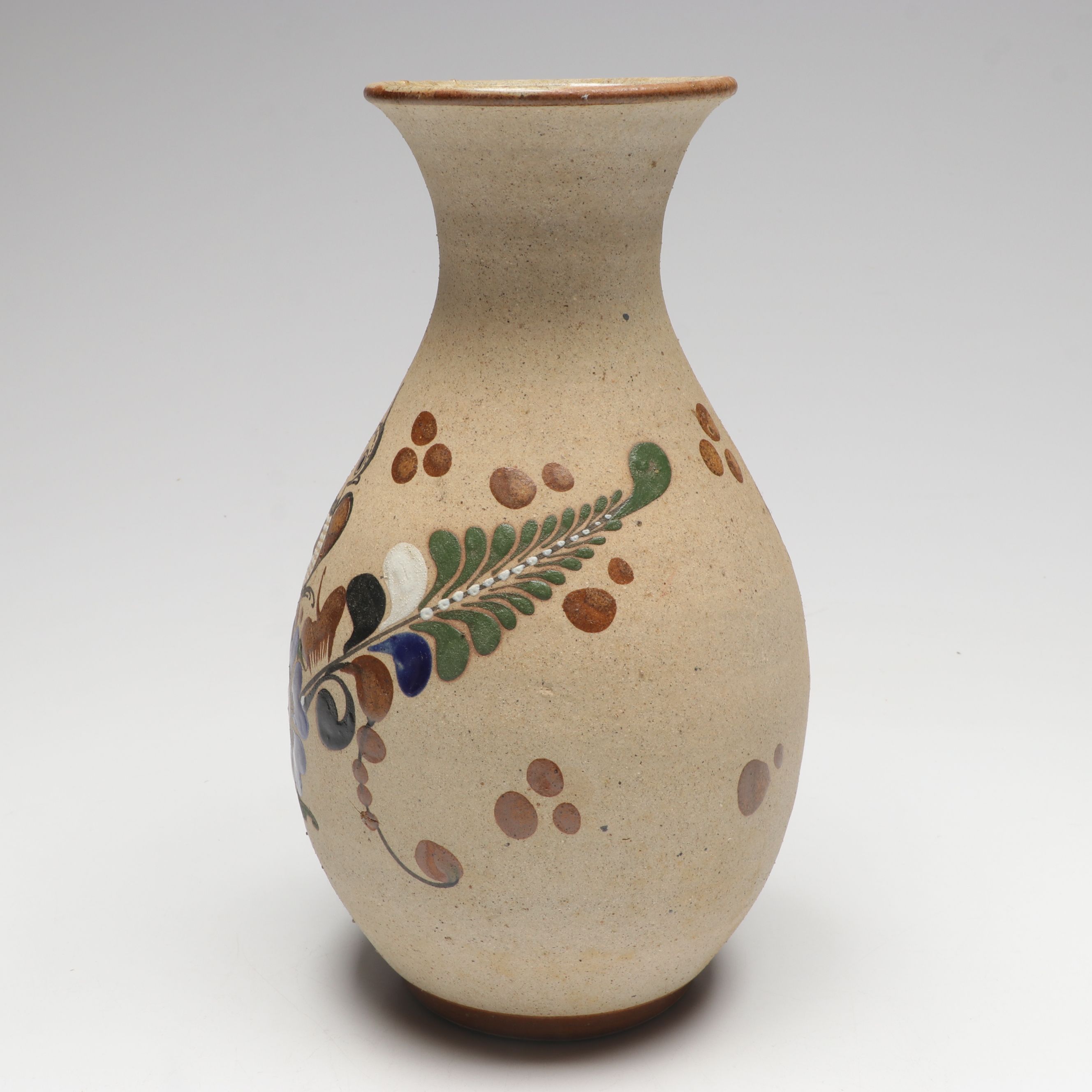 Mexican Tonala Hand-Painted Bird and Floral Motif Stoneware Vase