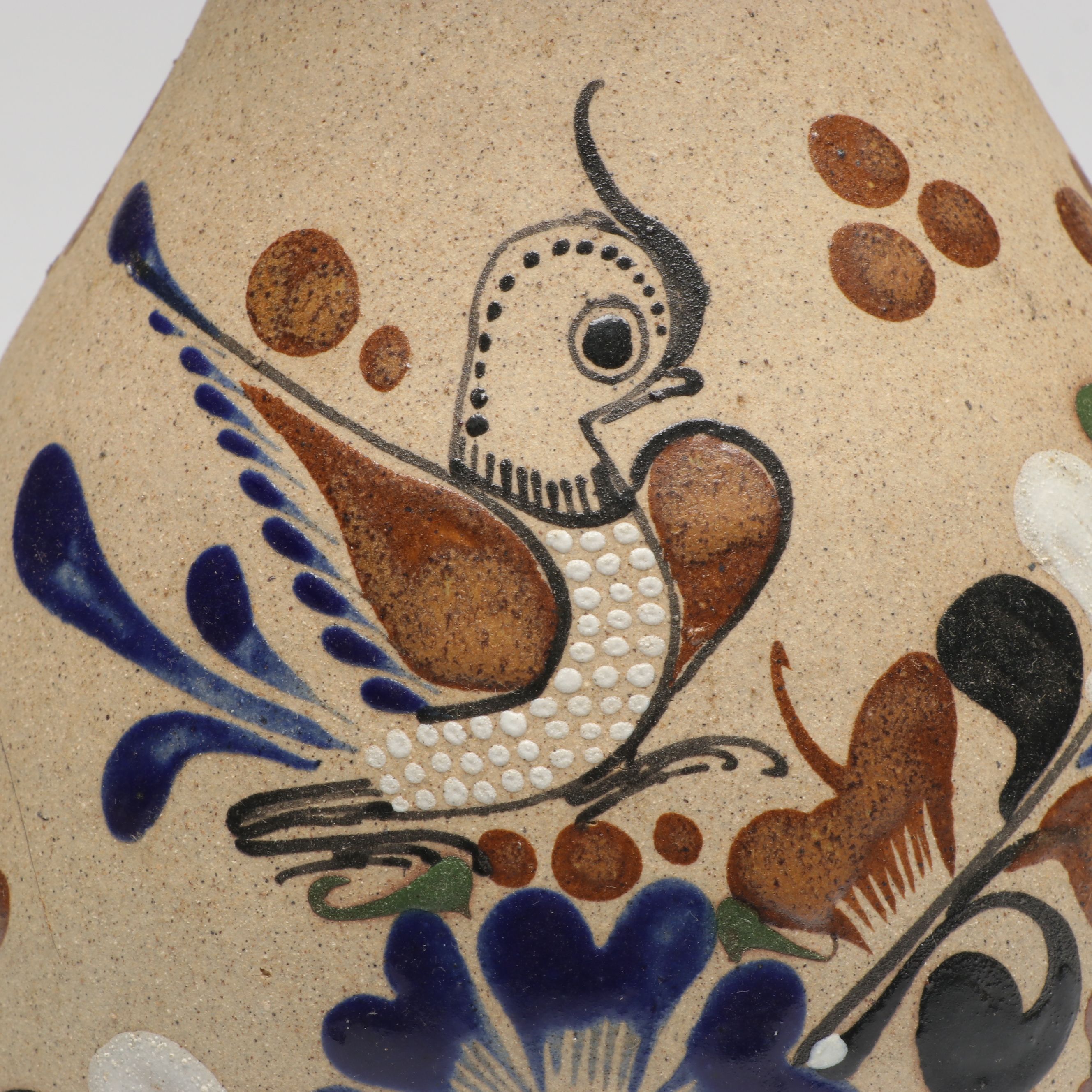 Mexican Tonala Hand-Painted Bird and Floral Motif Stoneware Vase