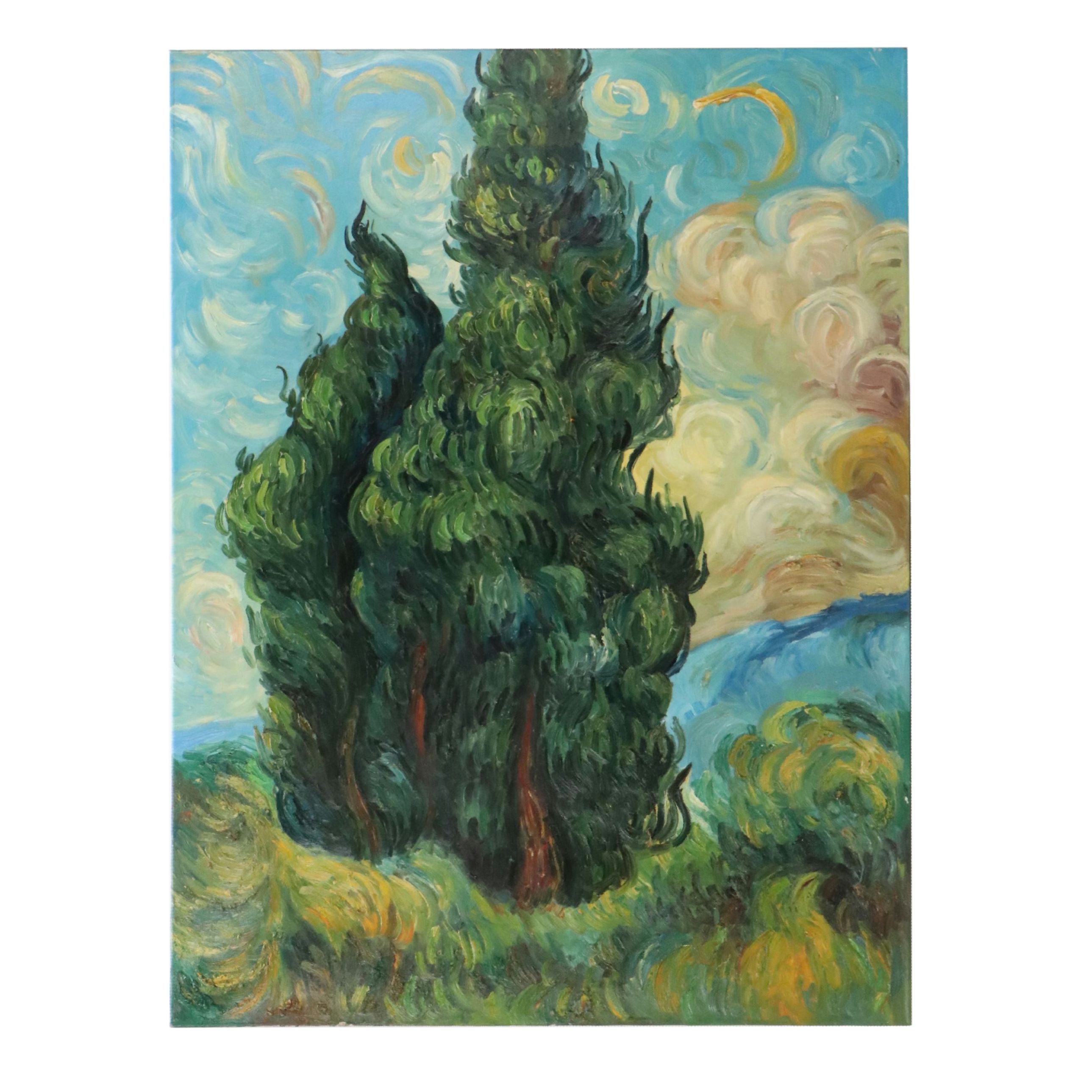 Oil Master Copy of Vincent Van Gogh's "Cypresses," 21st Century