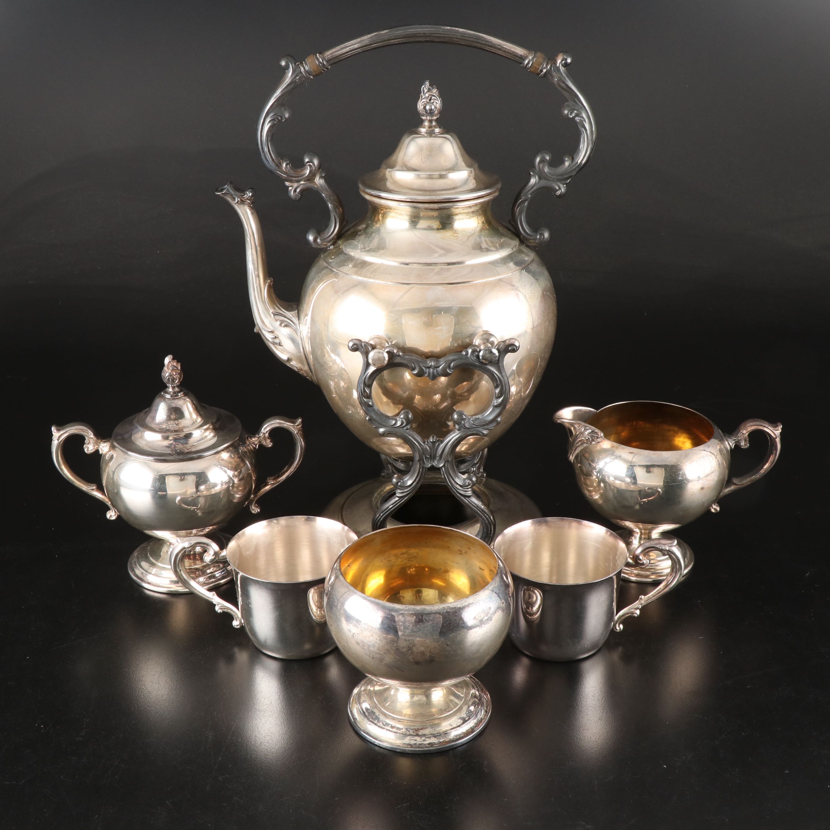 Wm. Rogers Silver Plate Tea Service with Sheridan Scroll-Handled Mugs