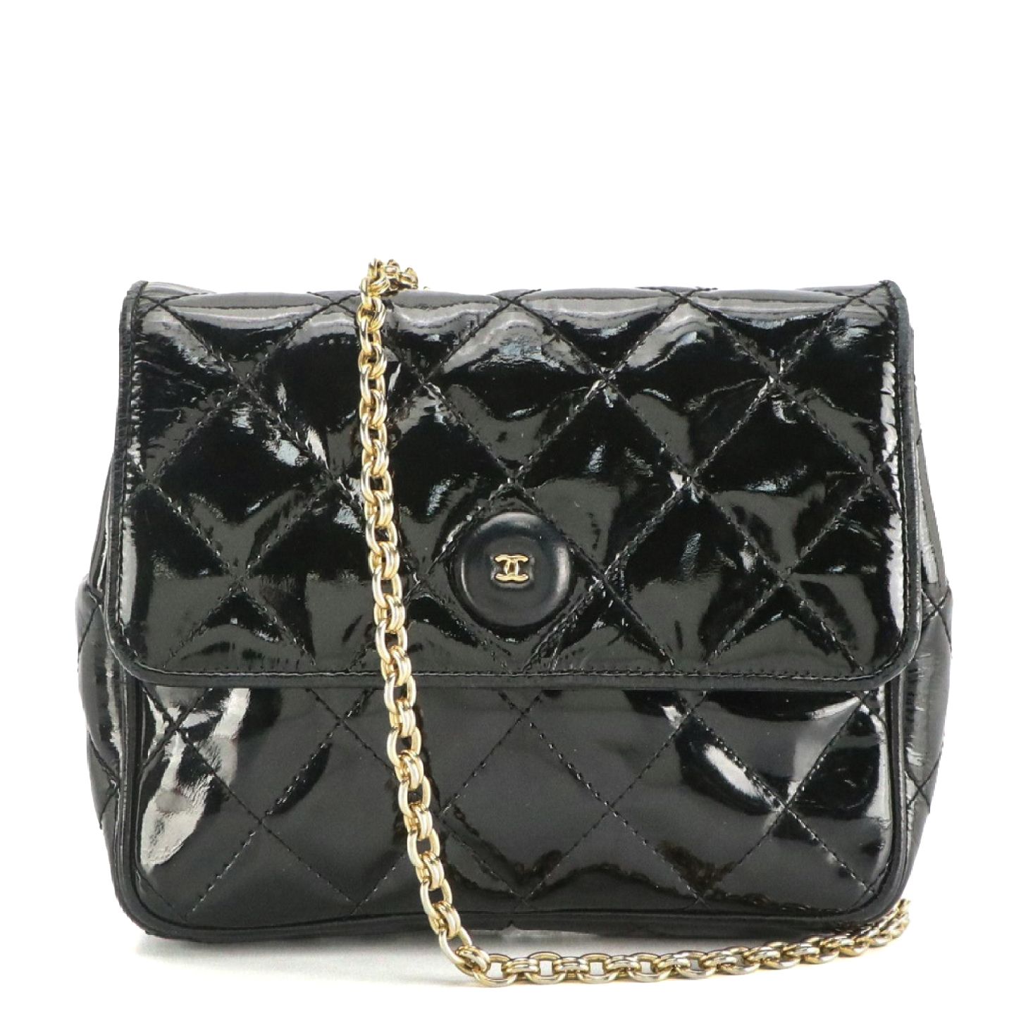 Chanel Vintage Small Flap Shoulder Bag in Black Quilted Patent Leather